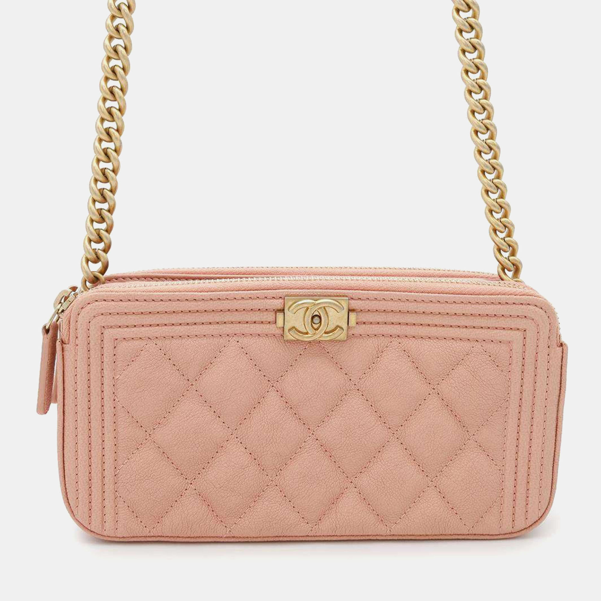 

Chanel Boy Matelasse Black Caviar Leather Chain Wallet, Pink