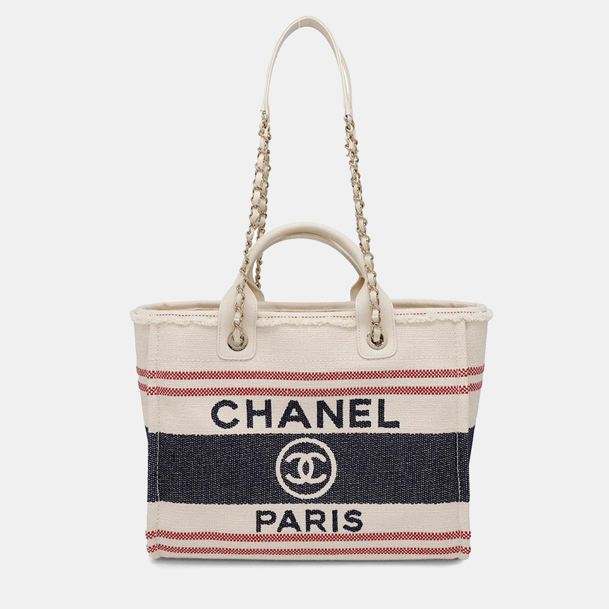 

Chanel Shopping Bag Deauville Ecru/Red/Blue Cotton Leather, Multicolor