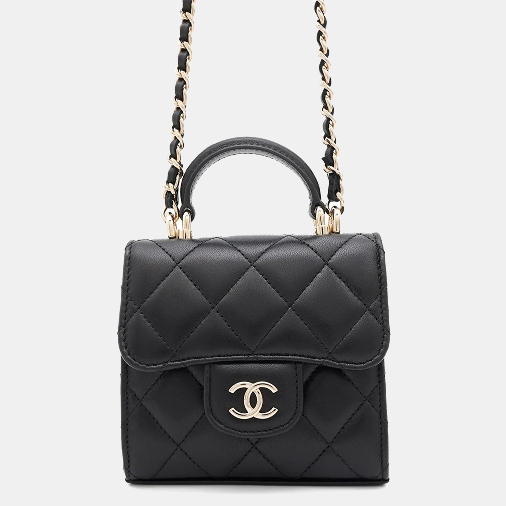 

Chanel Matelasse Top Handle Chain clutch Bag Black Lambskin