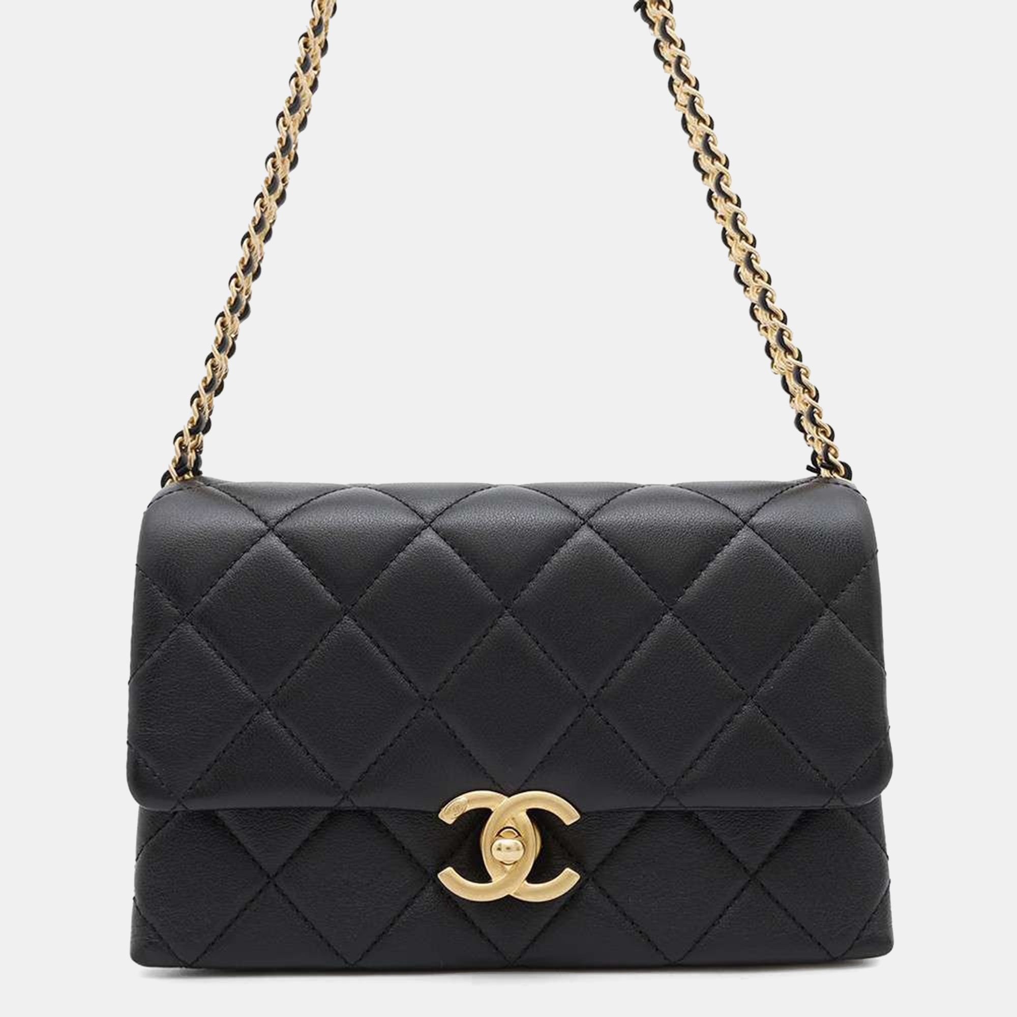 

Chanel Matelasse Small Flap Bag Chain Belt Bag Black Calf Leather