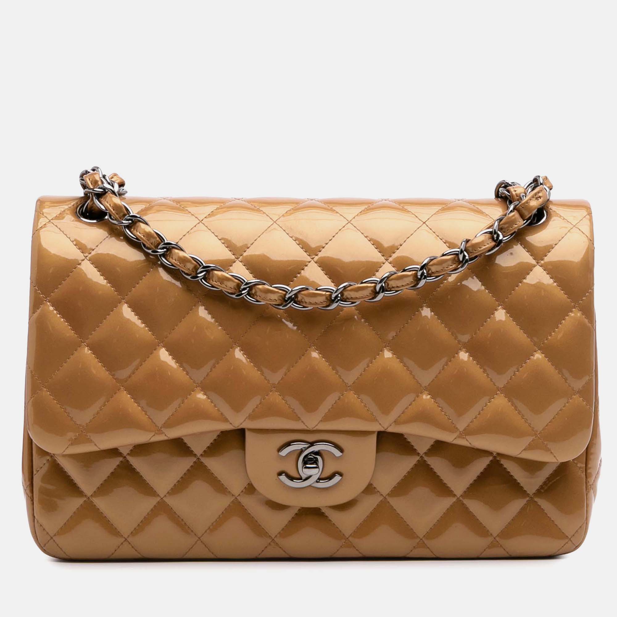 

Chanel Gold Jumbo Classic Metallic Patent Double Flap