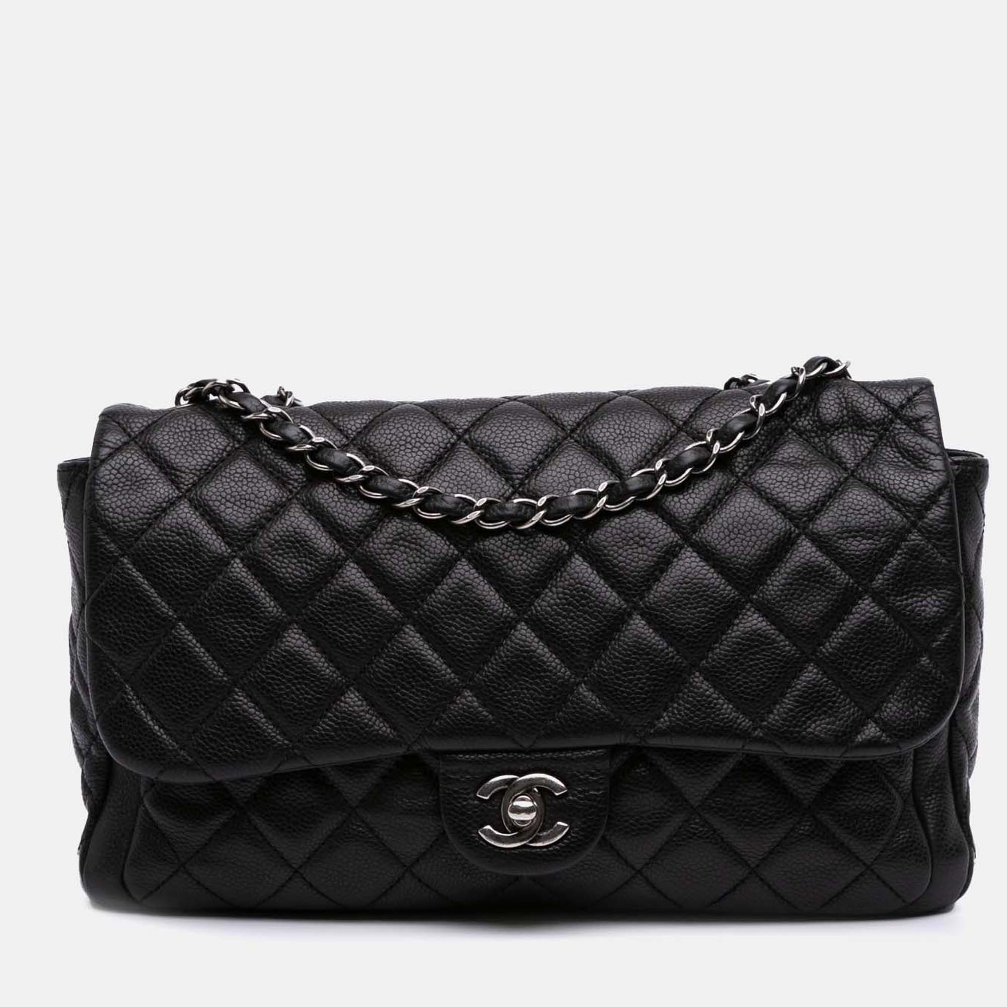 

Chanel Black Large Quilted Caviar Now and Forever Flap