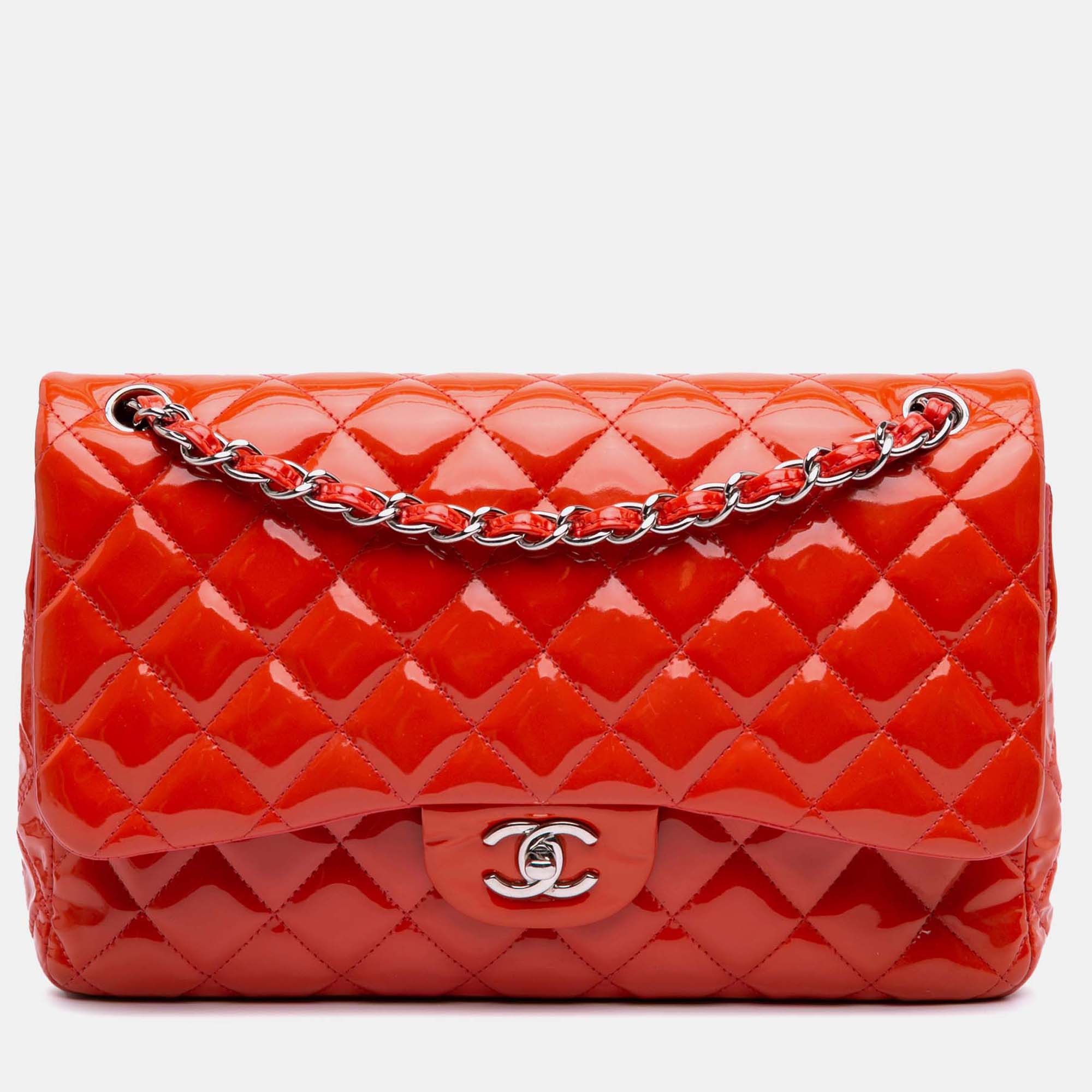 

Chanel Orange Jumbo Classic Patent Double Flap