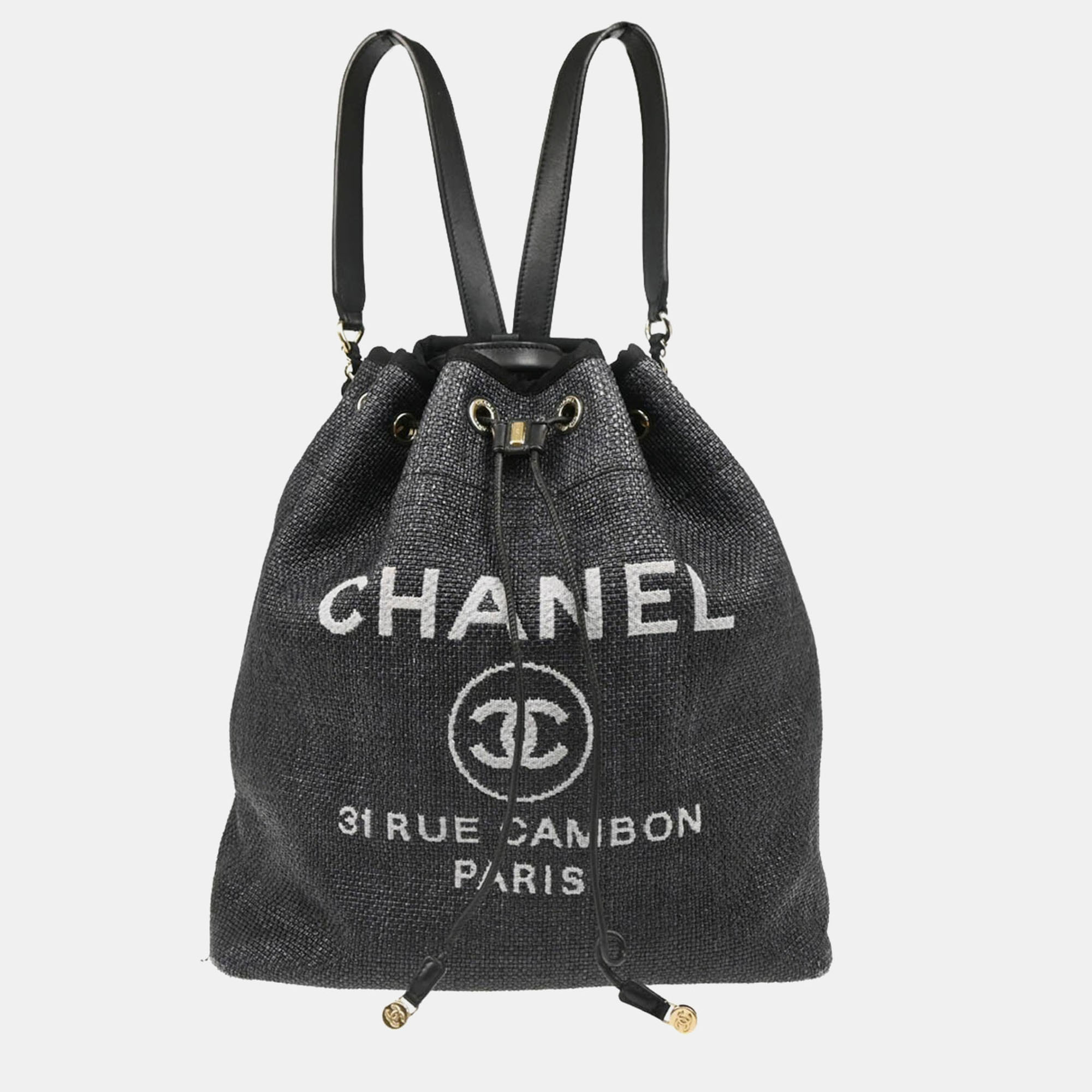 

Chanel Black Straw Deauville Bucket Backpack