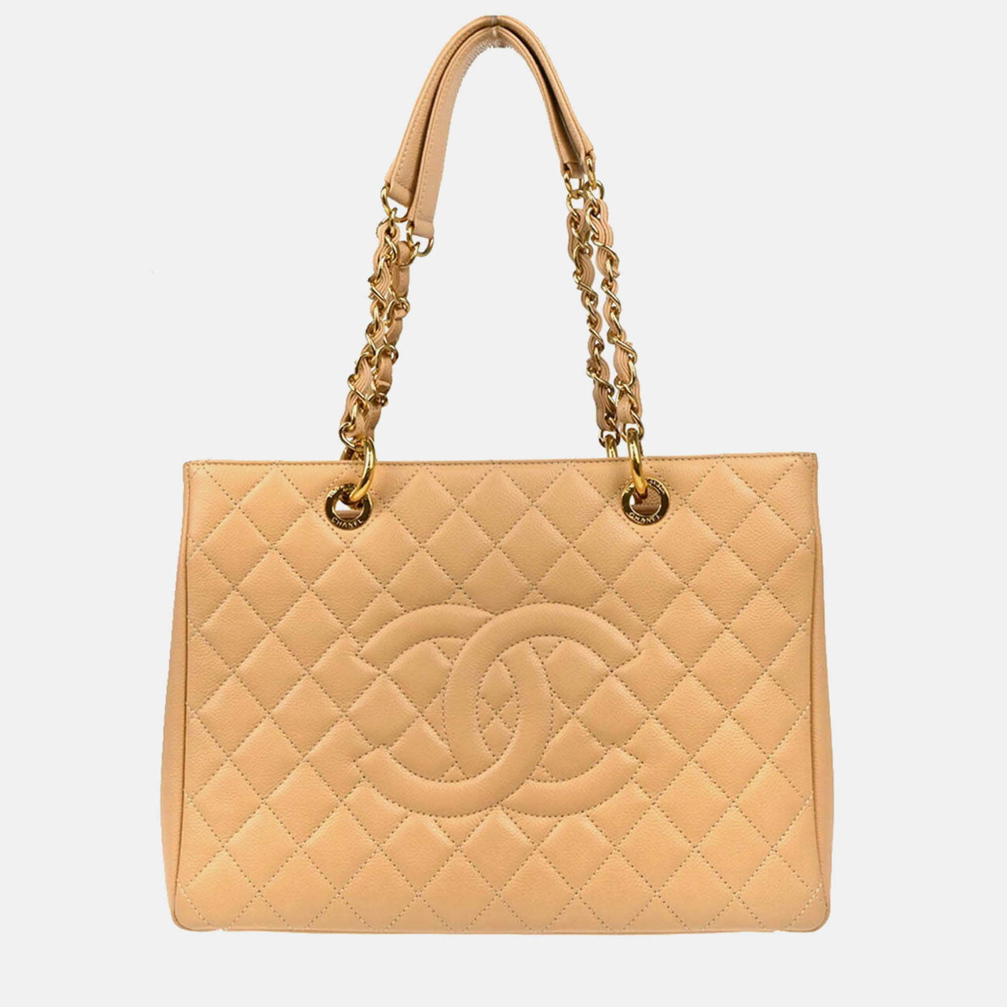 

Chanel Beige Calfskin Grand Shopping Tote GST Chain Handbag