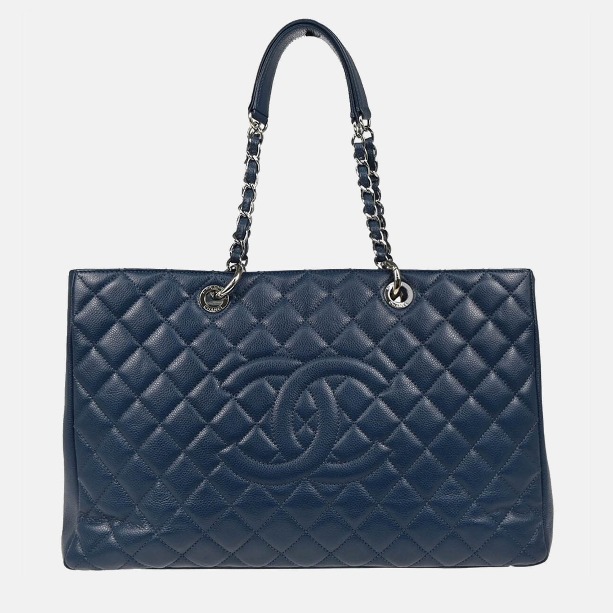 

Chanel Blue Calfskin Grand Shopping Tote GST  Chain Handbag