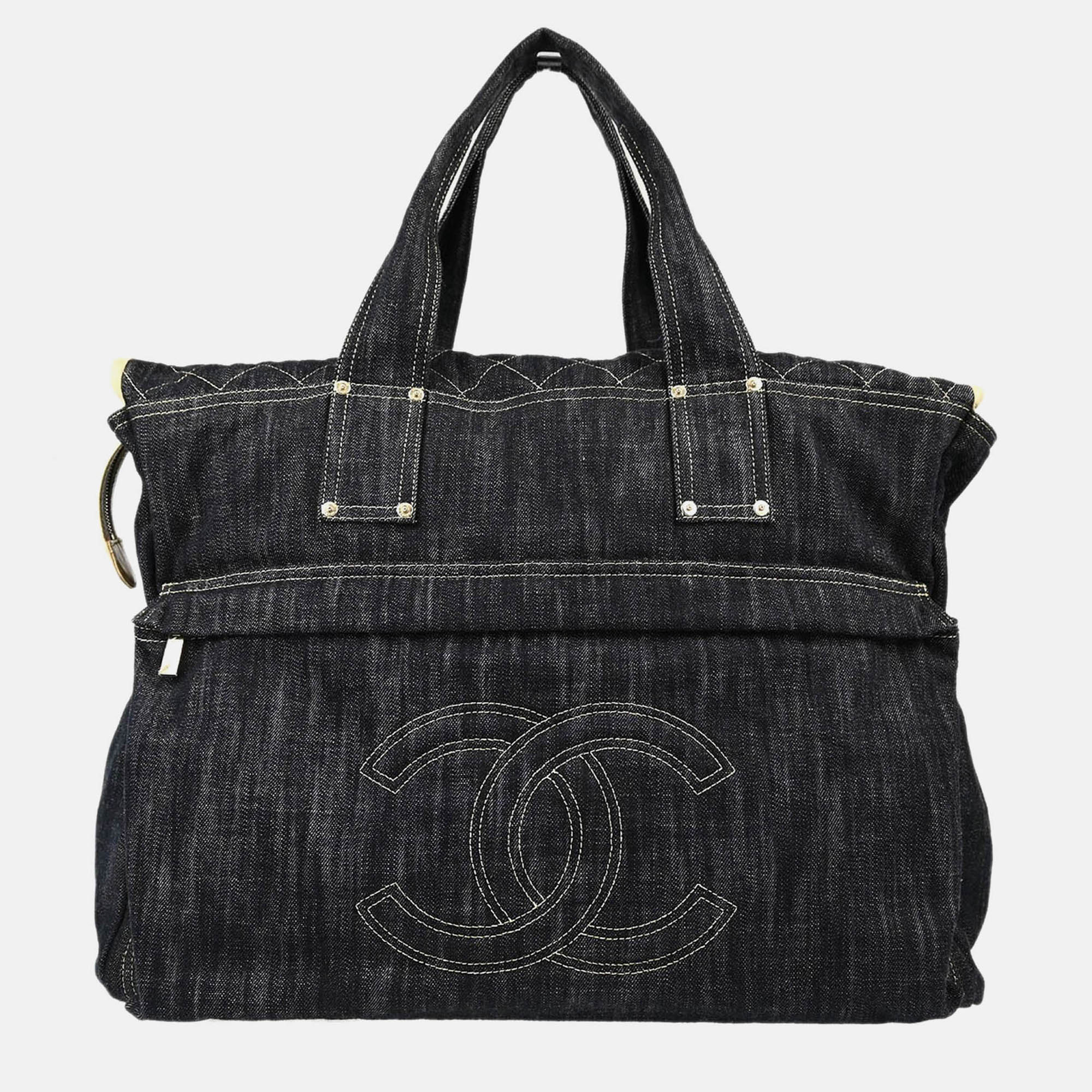 

Chanel Navy Sparkling Denim Tote Handbag, Navy blue
