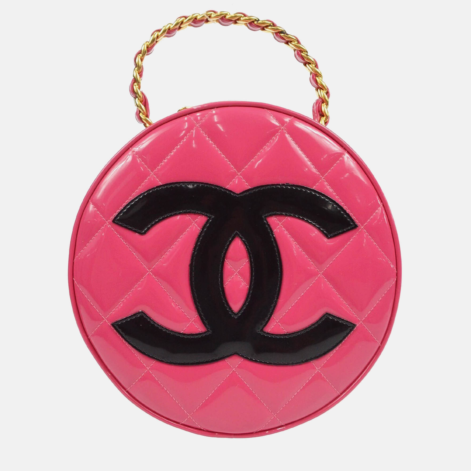 

Chanel Pink Patent Leather Round Vanity Handbag