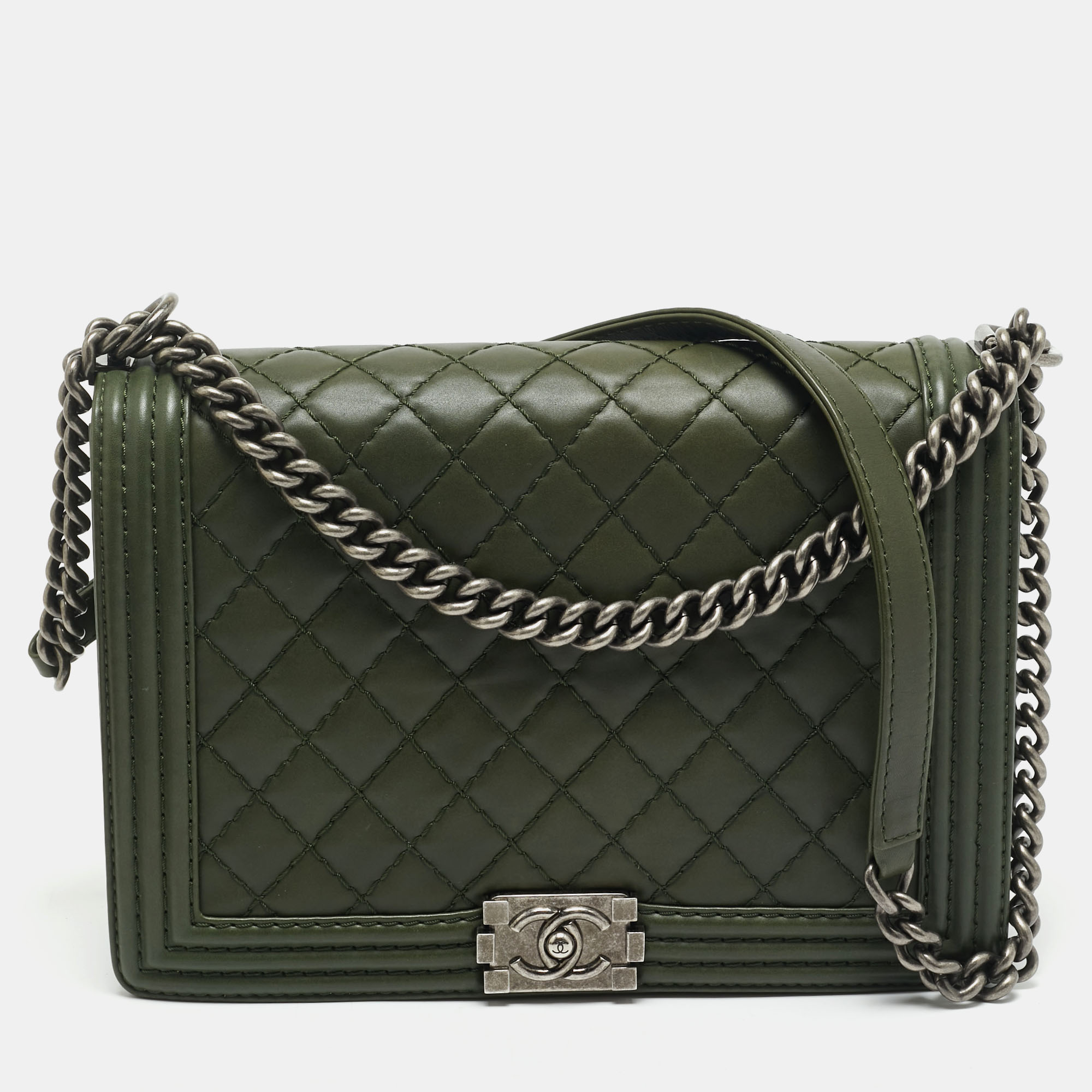 

Chanel Military Green Quilted Leather  Boy Flap Bag