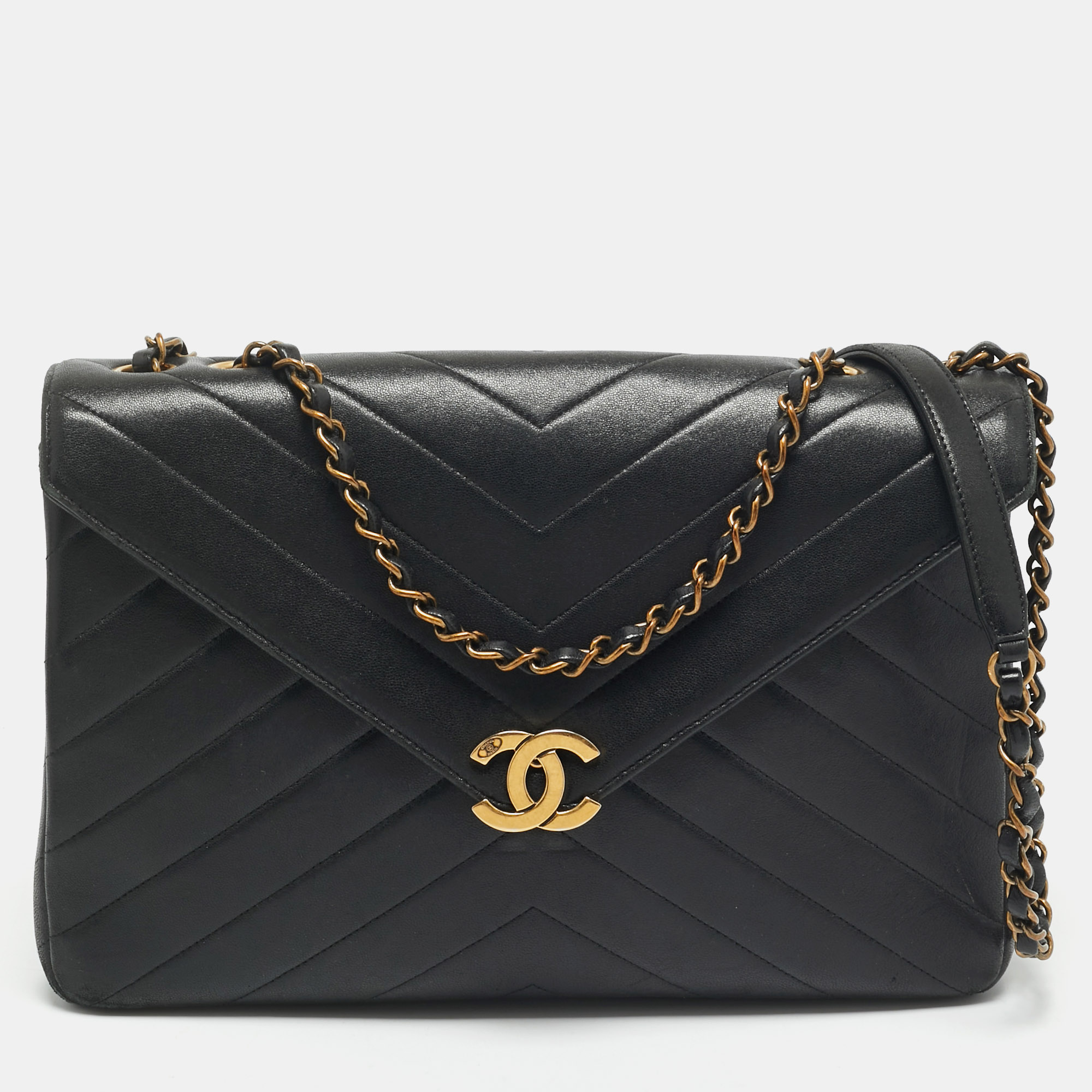 

Chanel Black Chevron Leather Coco Envelope Flap Bag