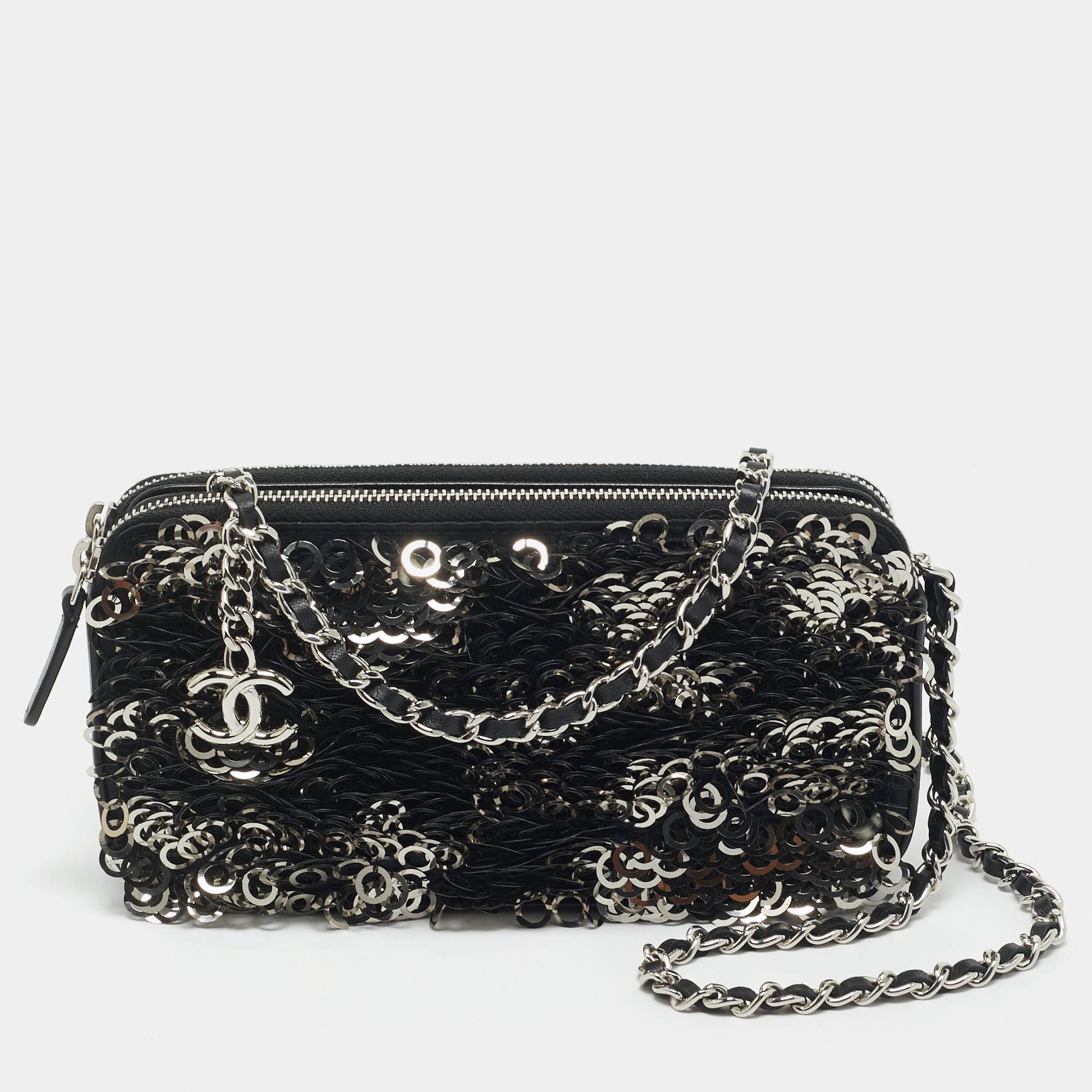 

Chanel Black Leather and Sequins Double Zip Chain Clutch