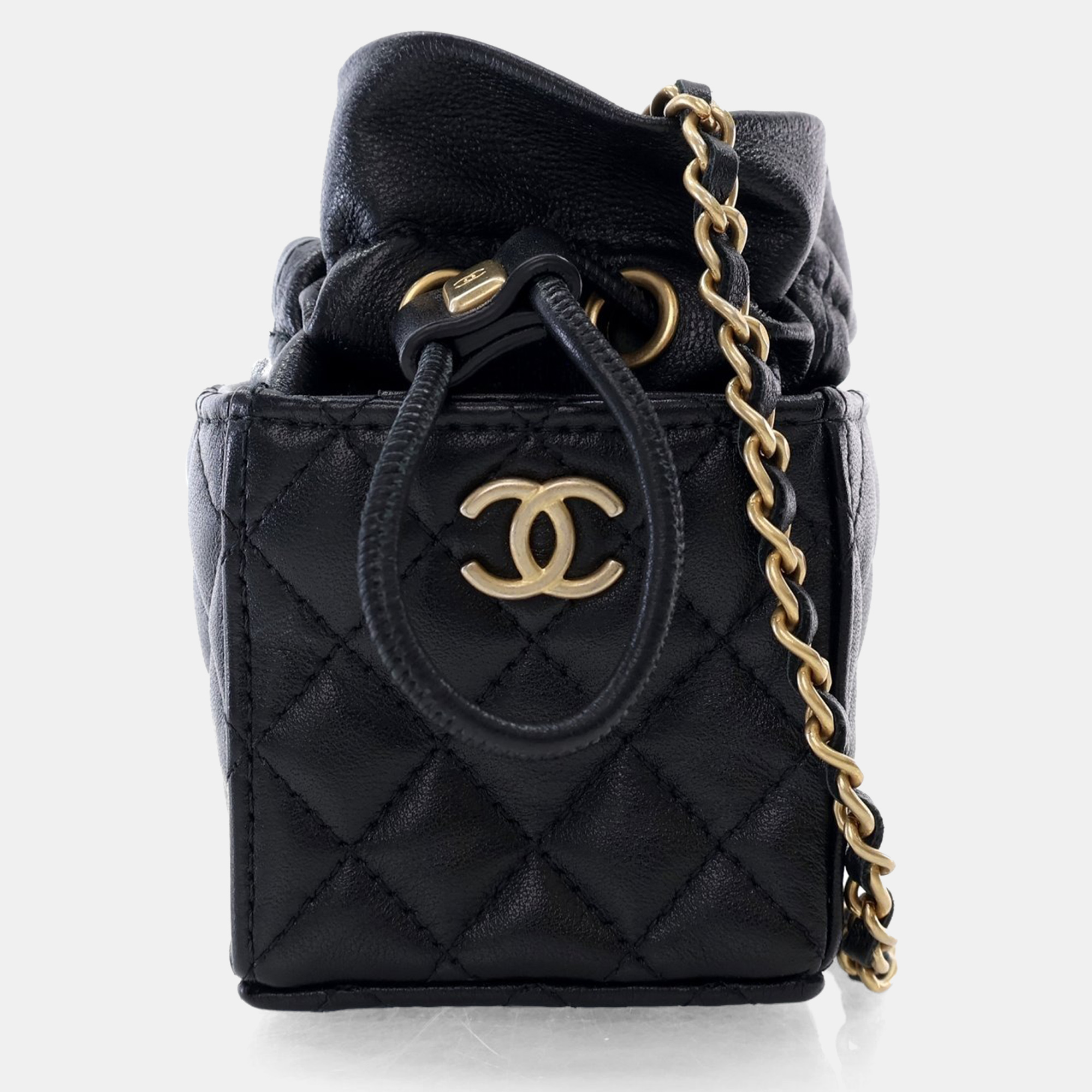 

Chanel Mini Black Lambskin Drawstring Bucket Bag