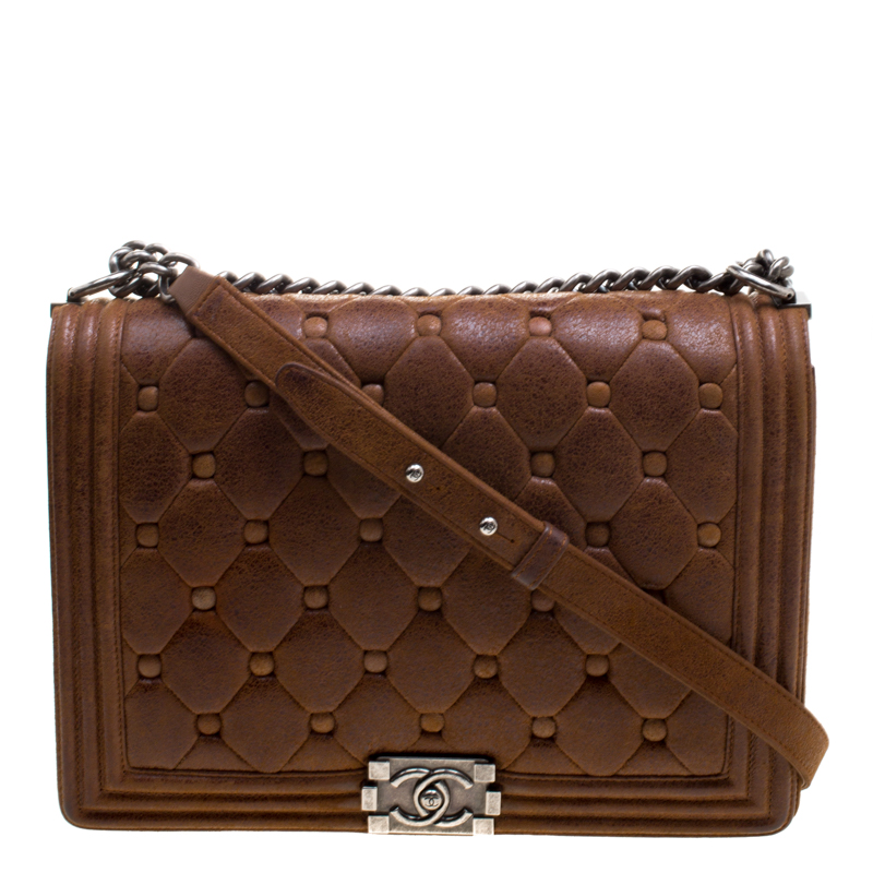 Pre Owned Chanel Brown Quilted Leather Large Boy Flap Bag