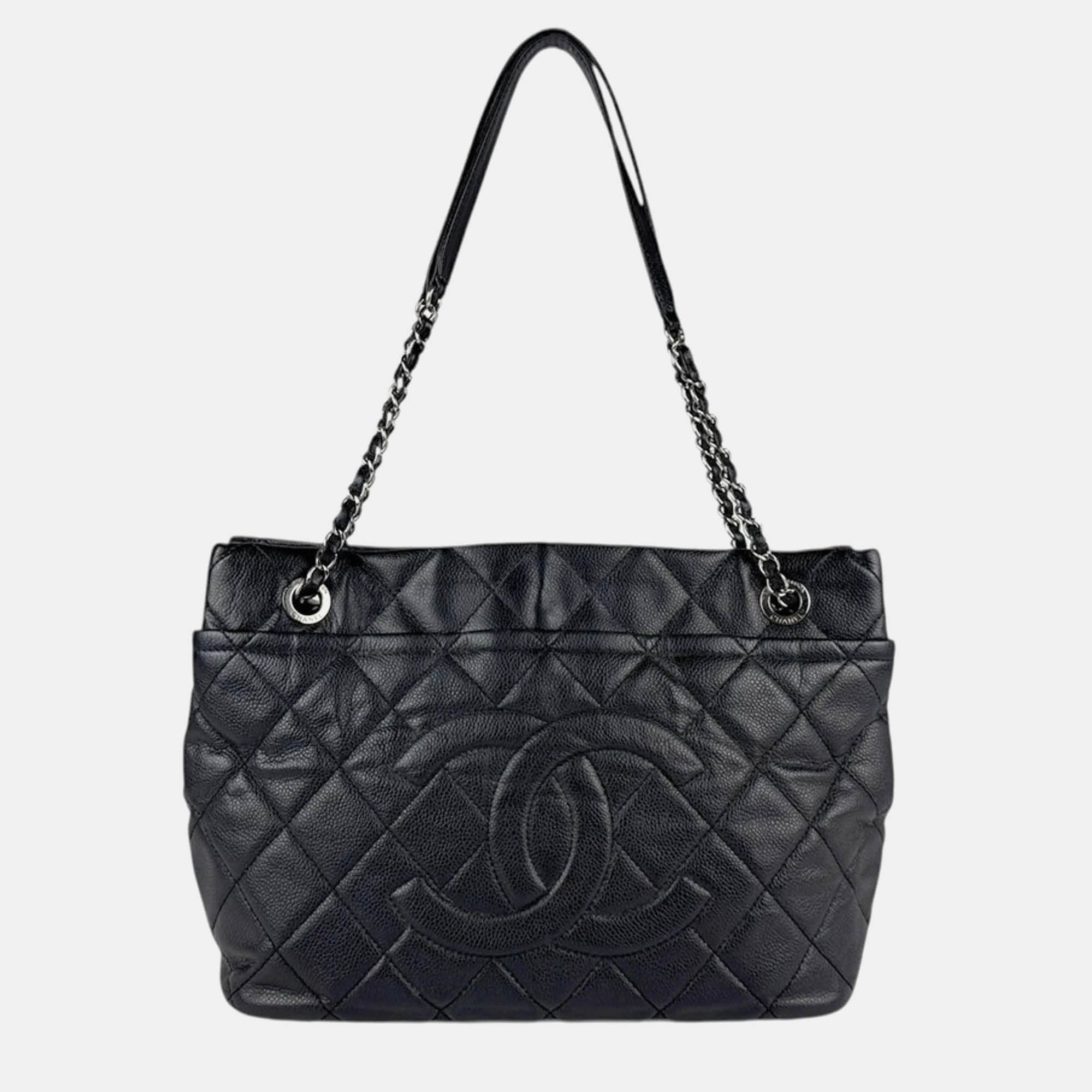 

Chanel Shoulder Bag Caviar Skin Leather Black Silver
