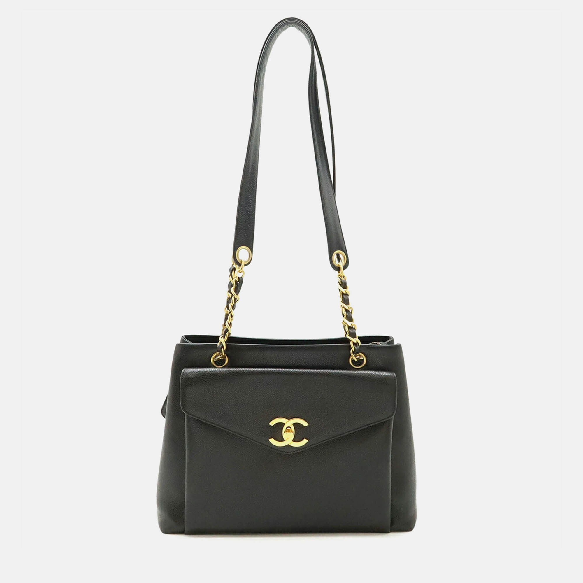 

Chanel Coco Mark Tote Bag Chain Shoulder Caviar Skin Leather Black