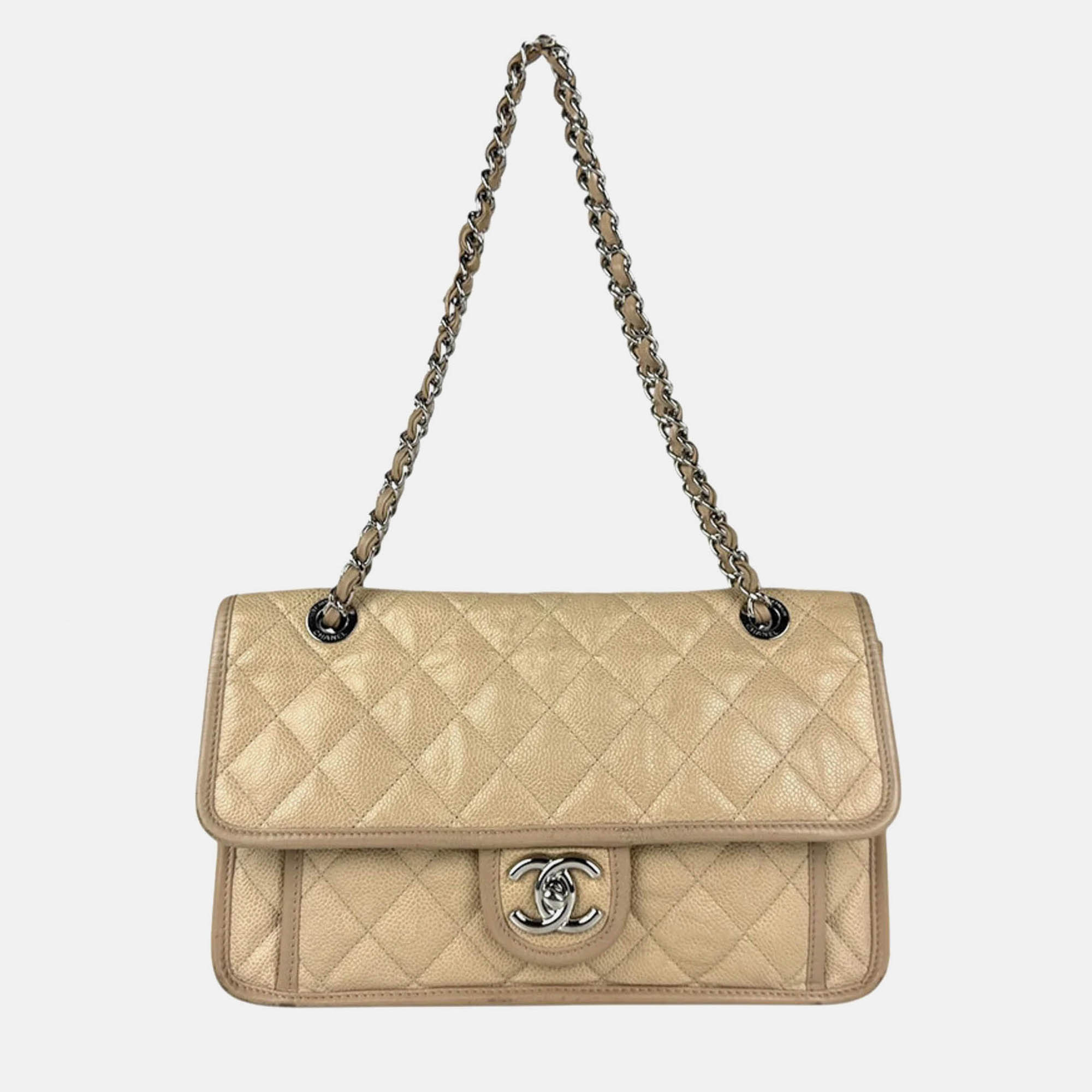 

Chanel Shoulder Bag Caviar Skin Leather Beige Silver
