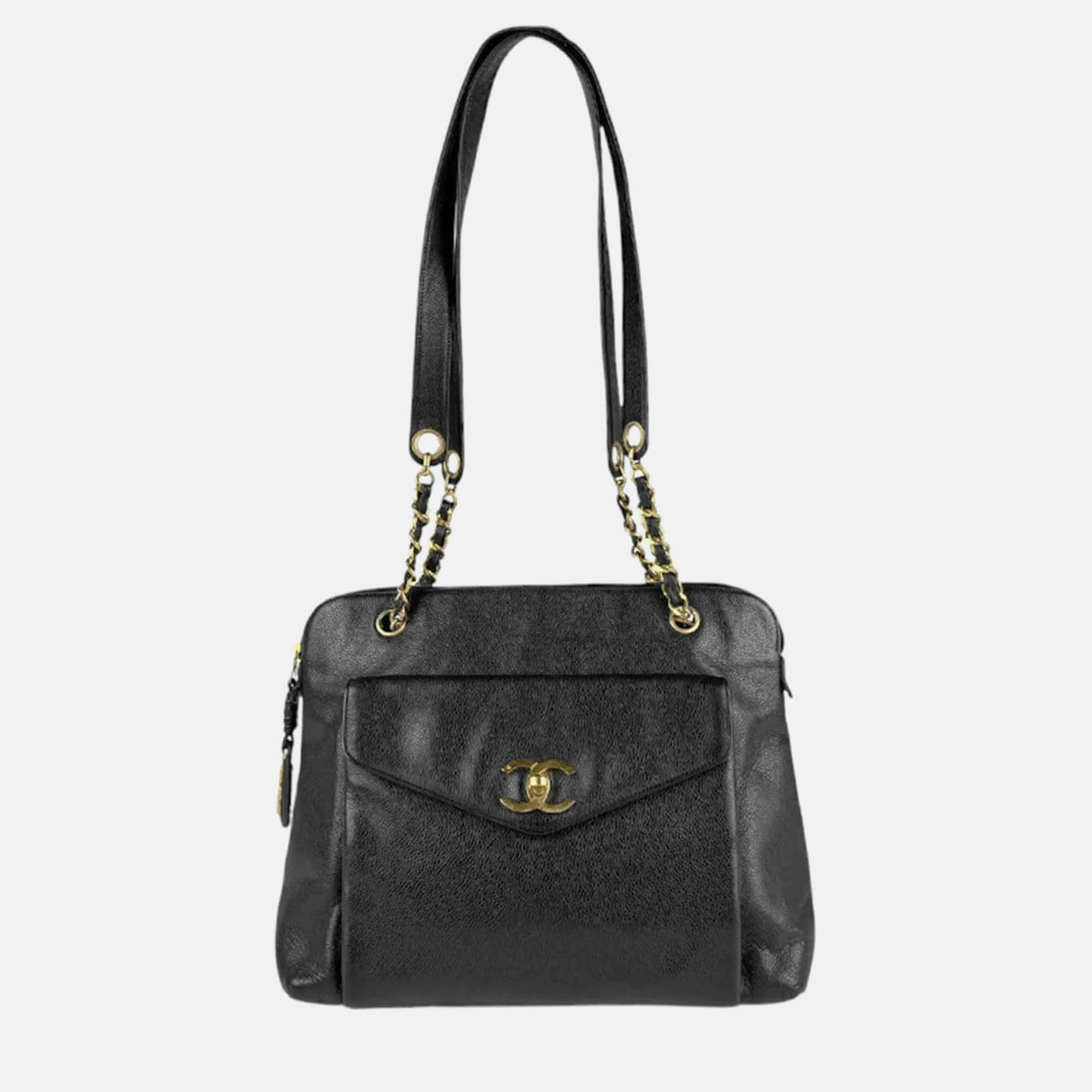 

Chanel Shoulder Bag Caviar Skin Leather Black Gold