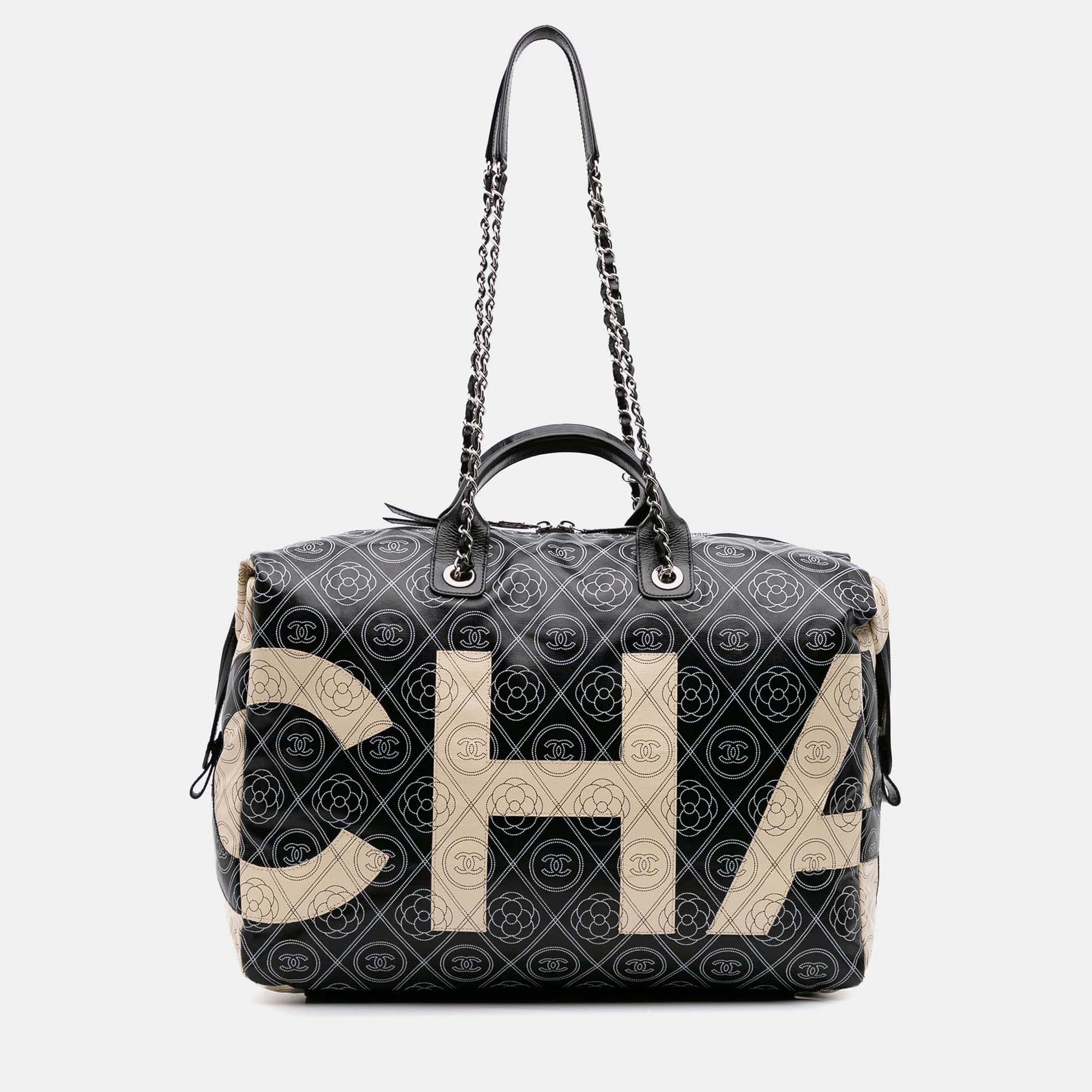 Pre-owned Chanel Black/white Large Coated Canvas Camellia Maxi Logo Bowling Bag