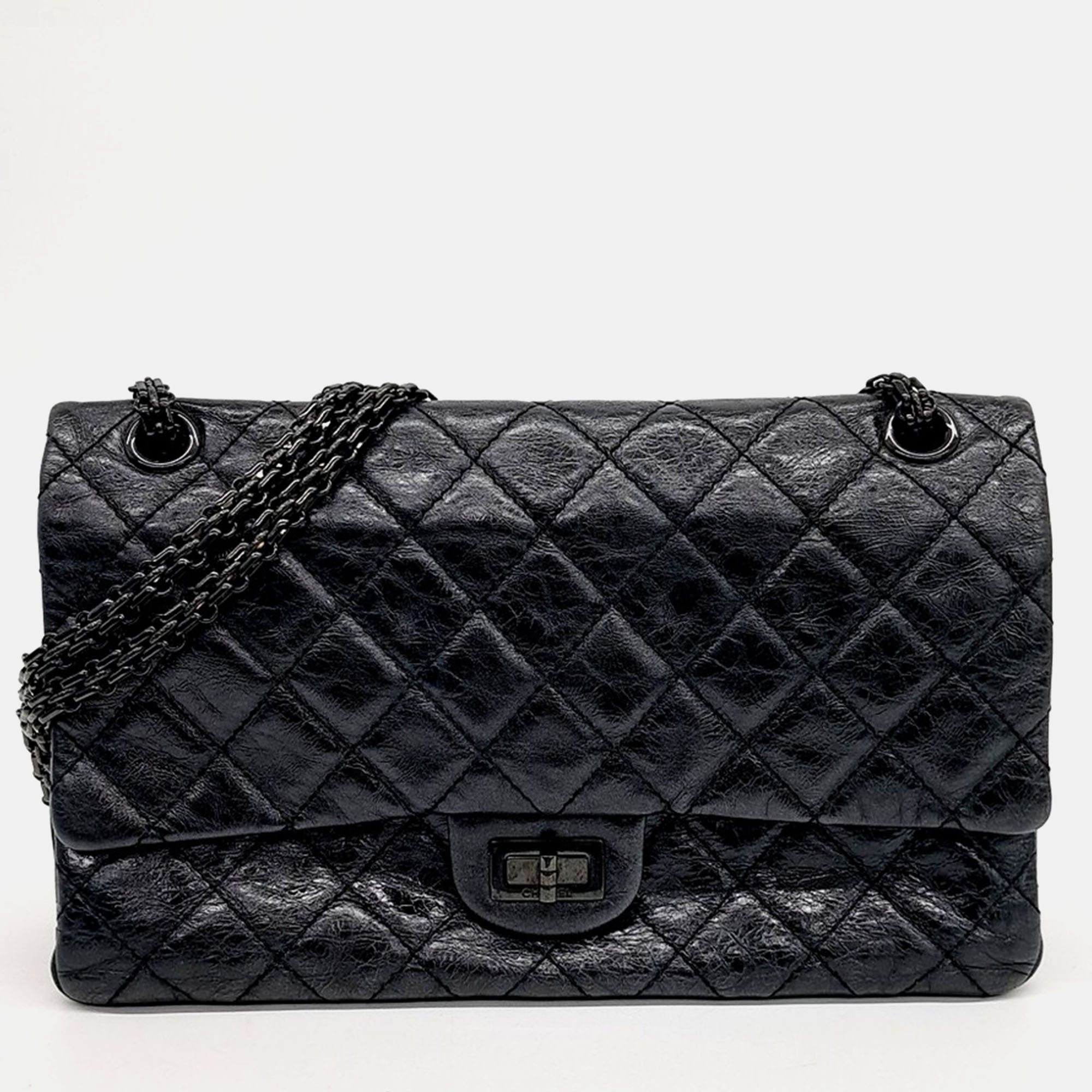 

Chanel Black Leather Metallic Vintage 2.55 Bag 28