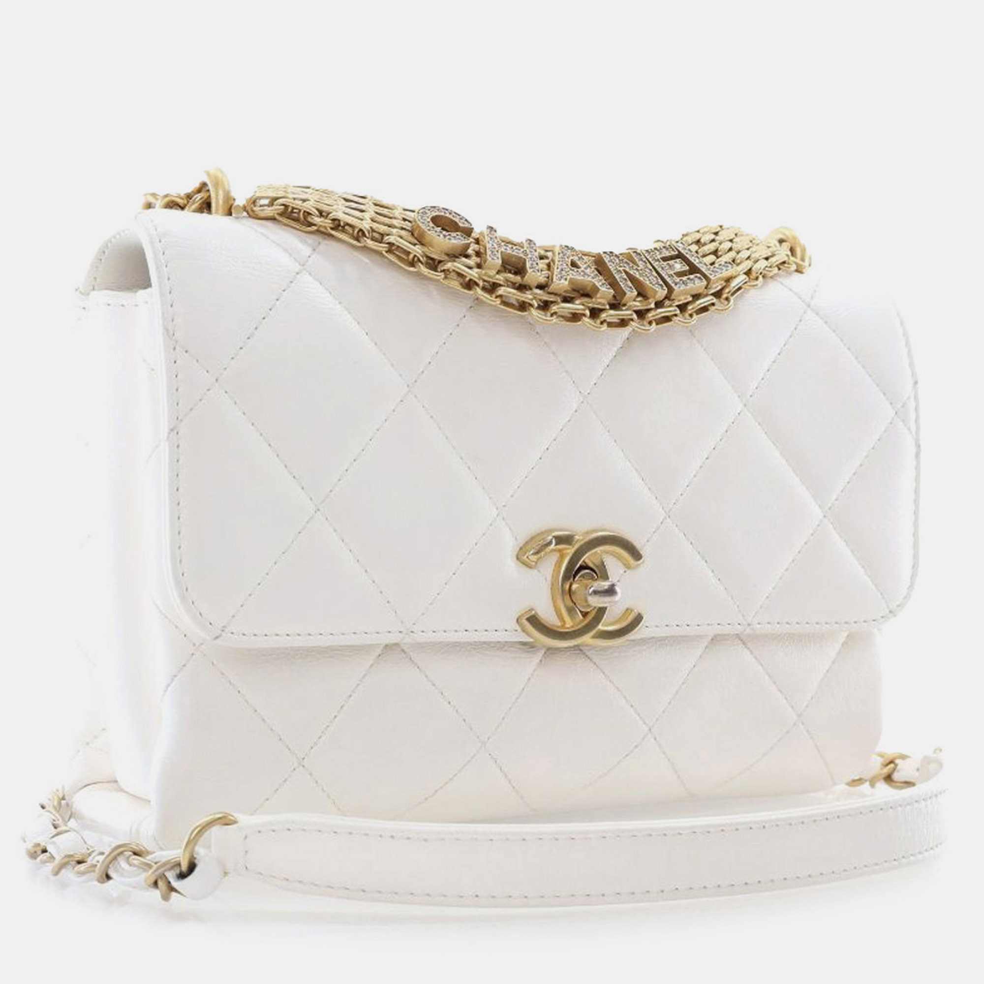 

Chanel Silver Small Quilted Lambskin Crystal Logo Letters Chain Flap