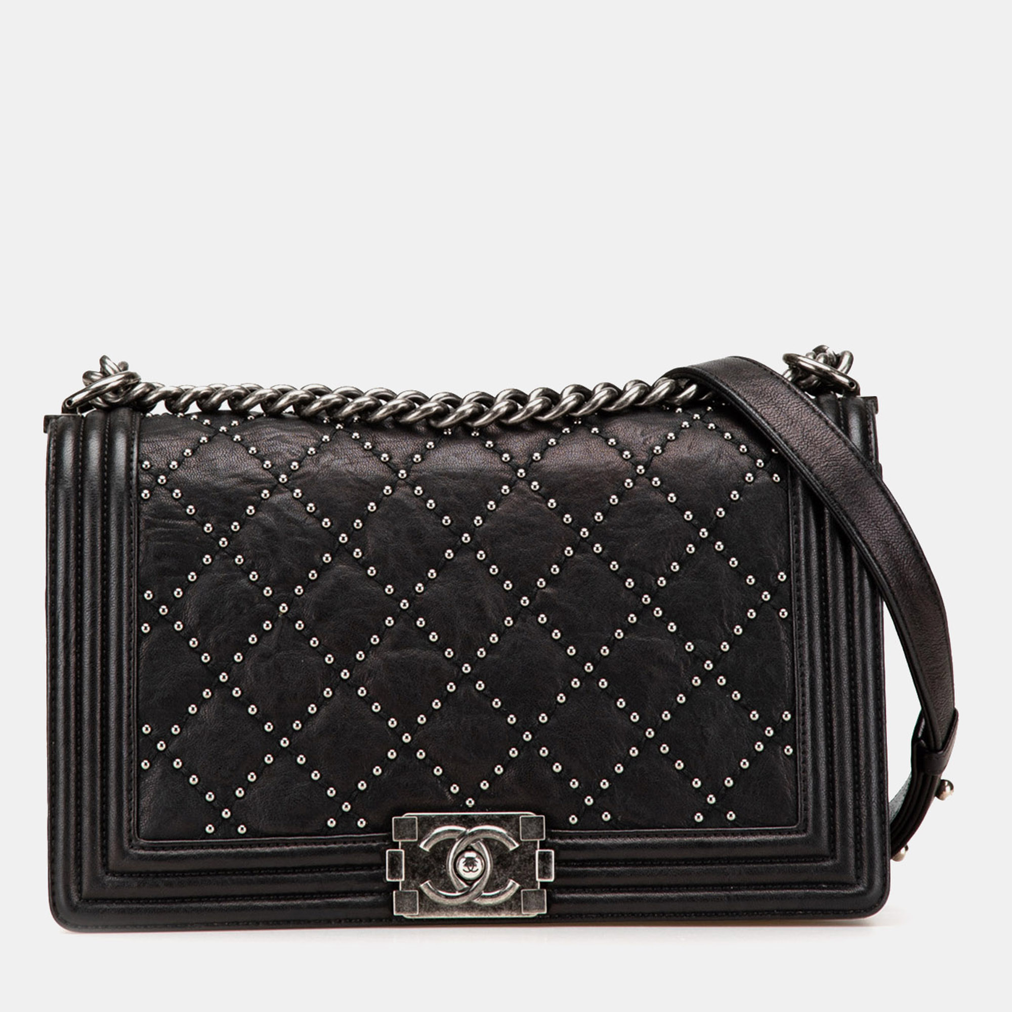 

Chanel Black Old Medium Quilted Crumpled Calfskin Studded Boy Flap