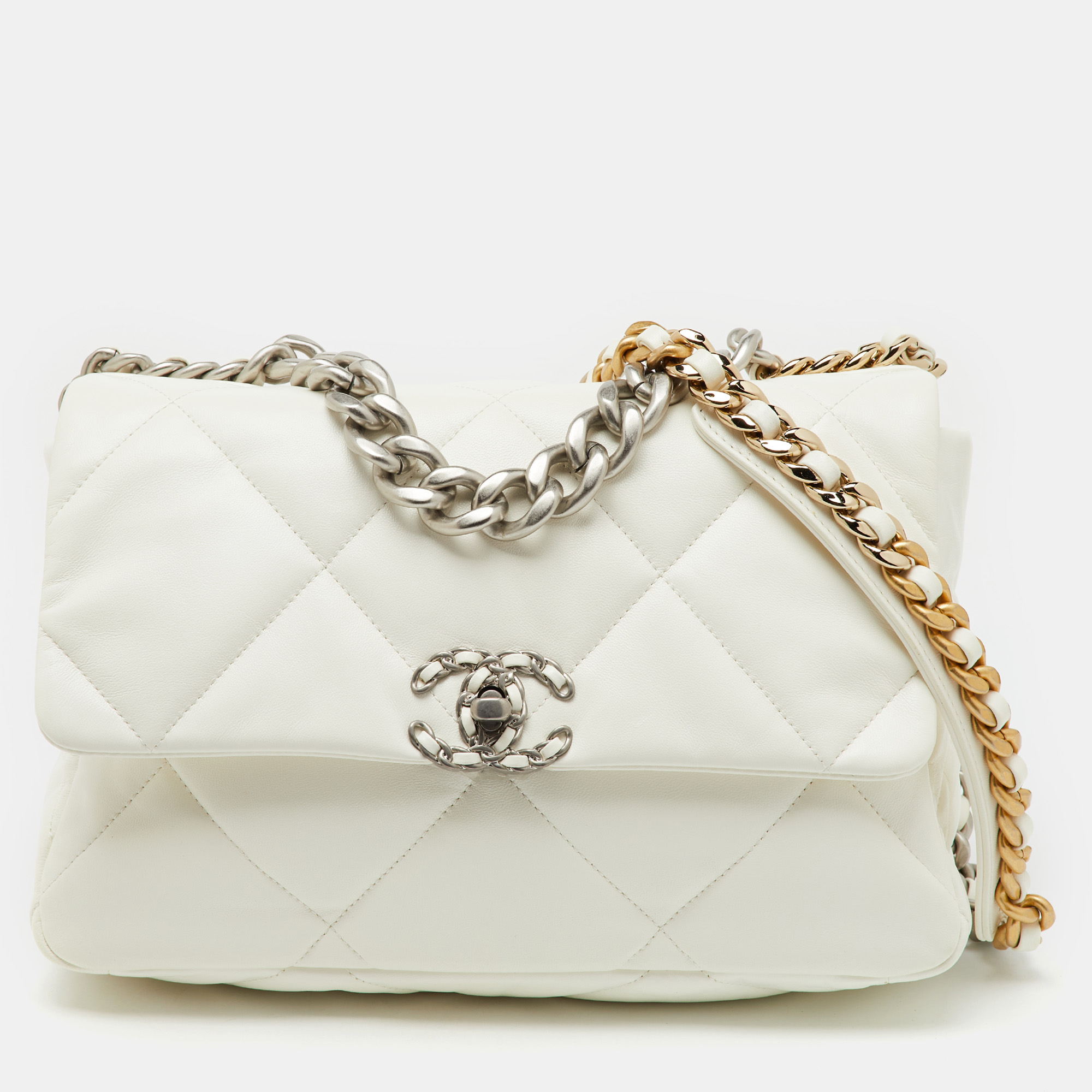 

Chanel White Quilted Leather Small 19 Flap Bag