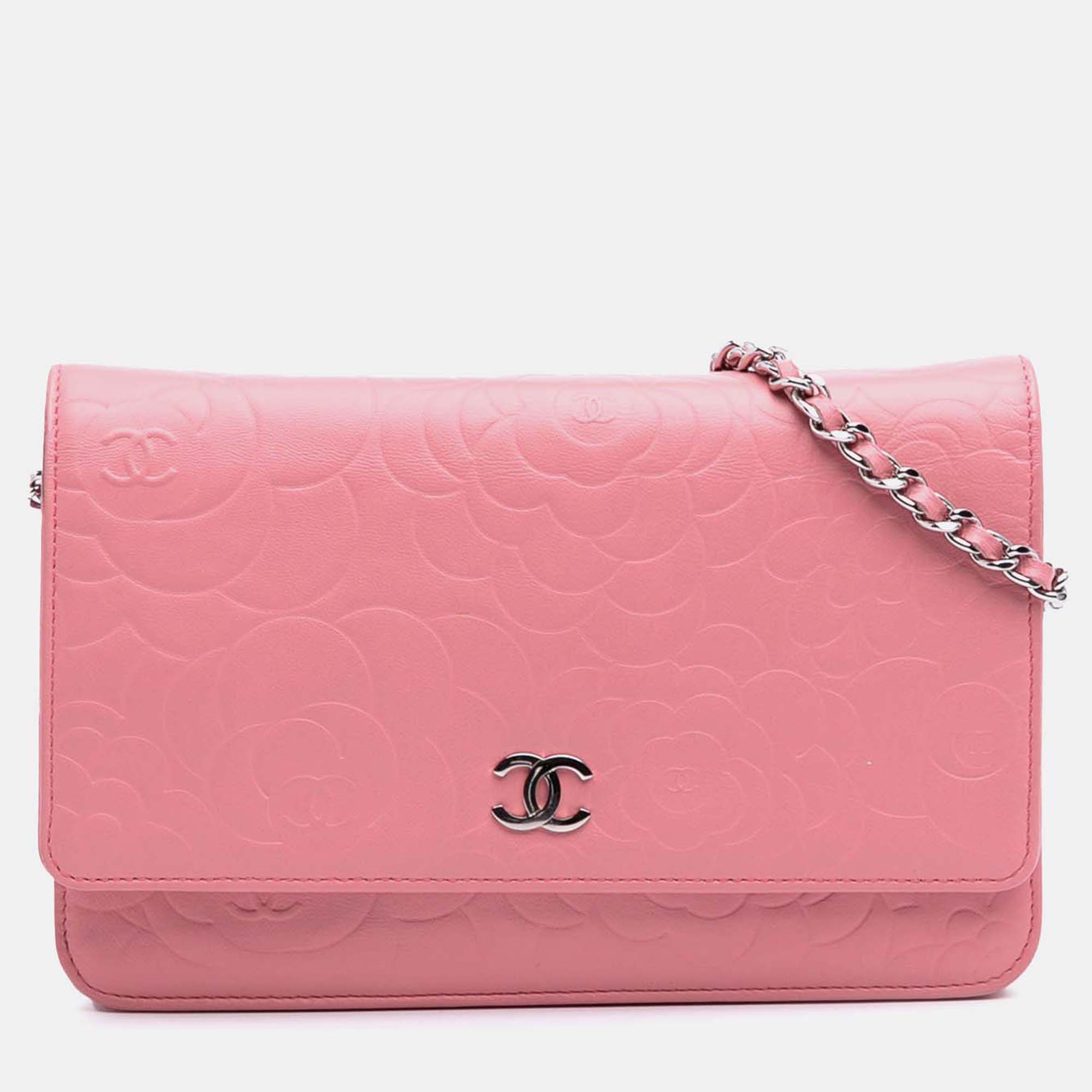 

Chanel Pink Embossed Lambskin Camellia Wallet On Chain
