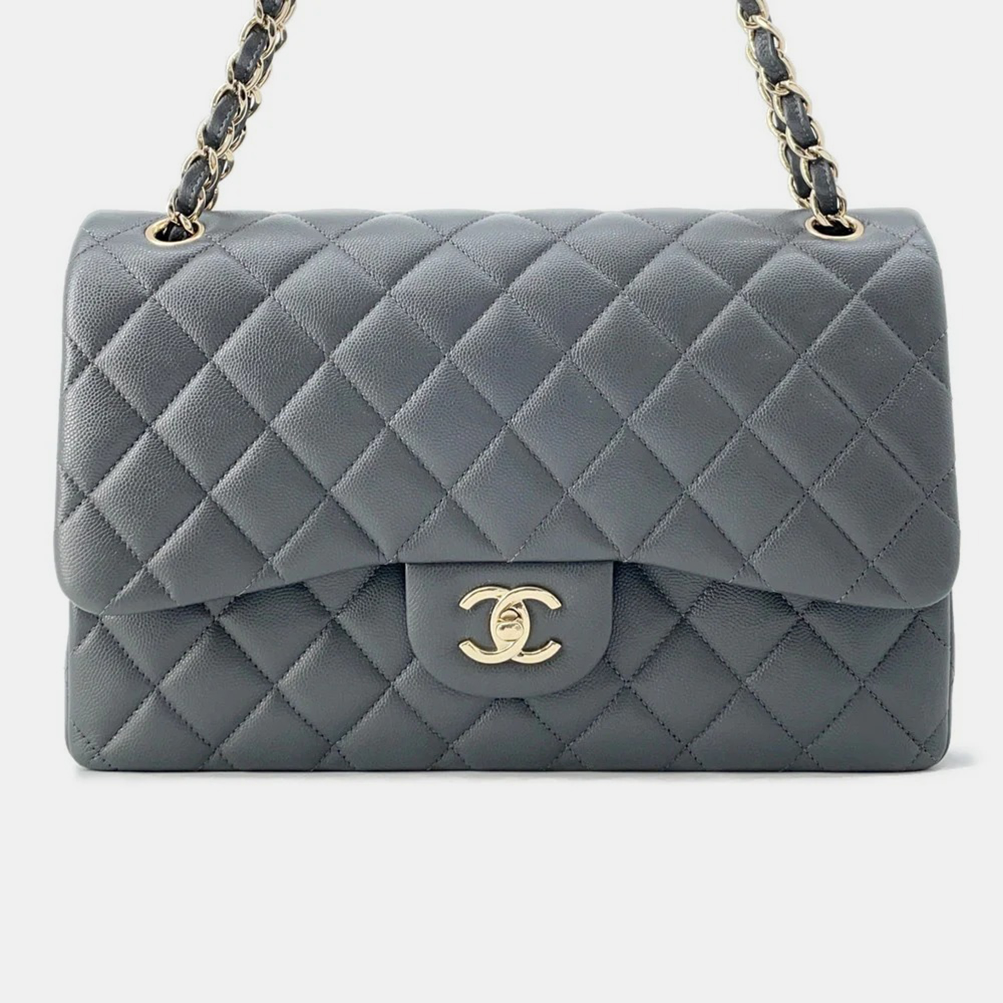 

Chanel Jumbo Classic Double Flap Grey Caviar Leather Chain Shoulder Bag