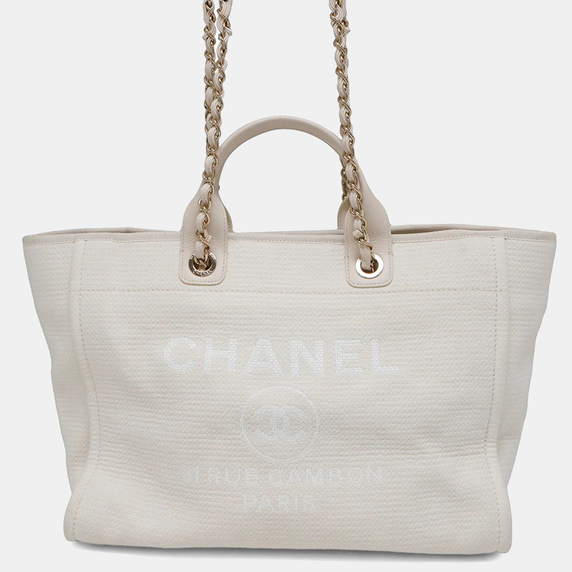 

Chanel Deauville GM Ivory Canvas Leather Chain Tote Bag, Cream