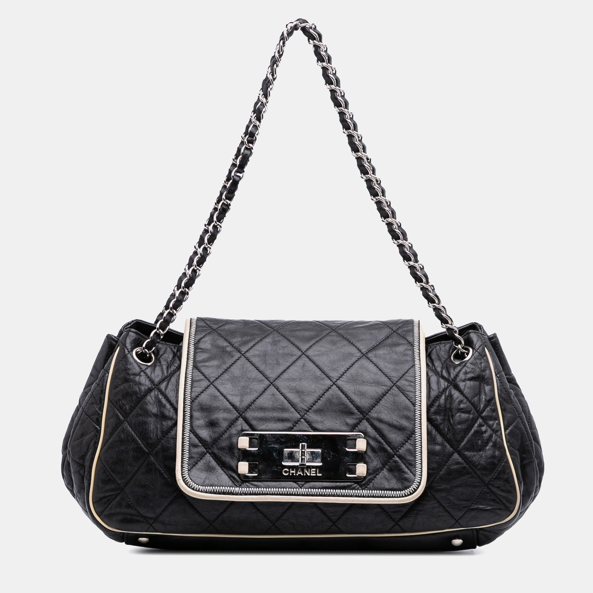 

Chanel Black White Quilted Lambskin East West Accordion Flap