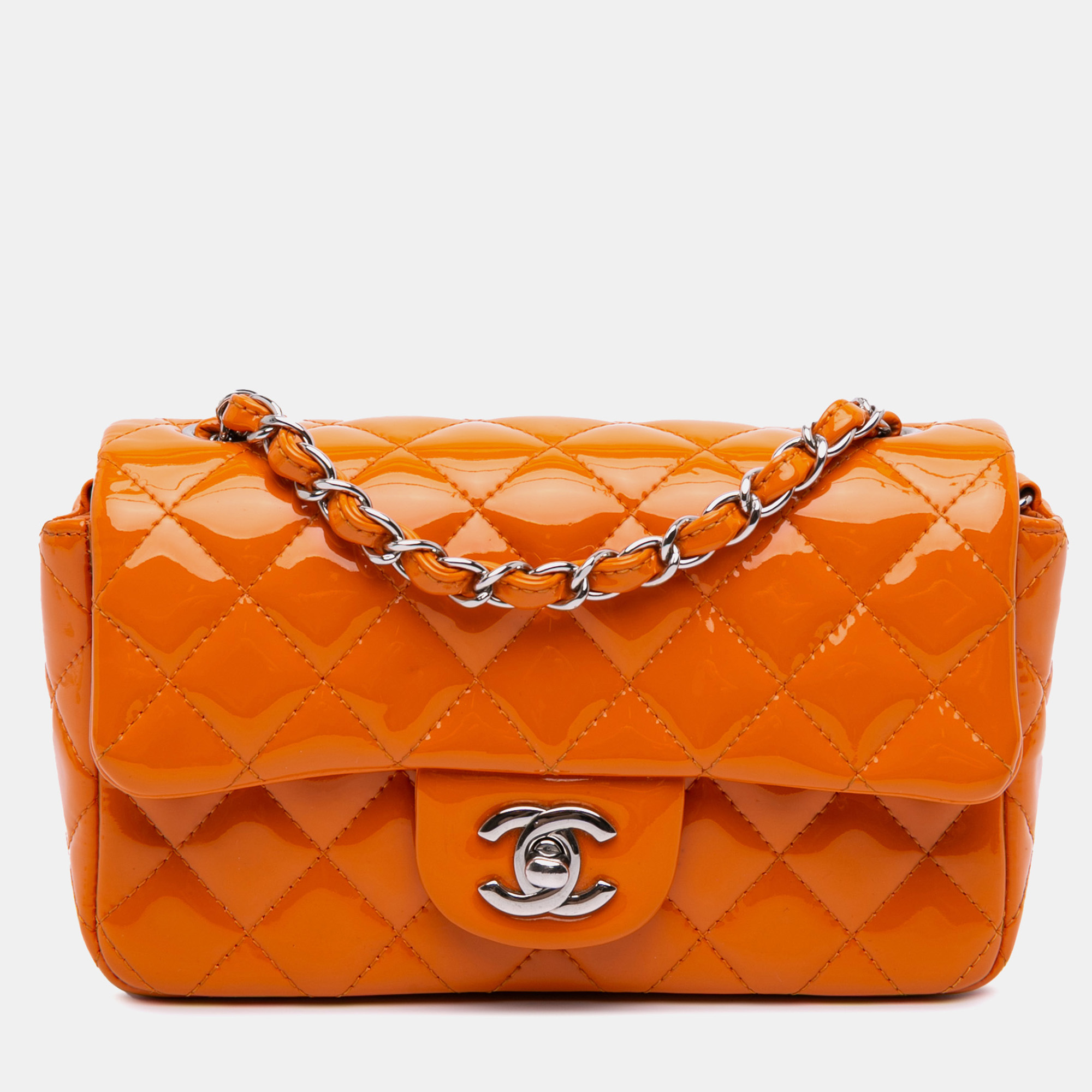 

Chanel Orange Mini Rectangular Classic Patent Single Flap