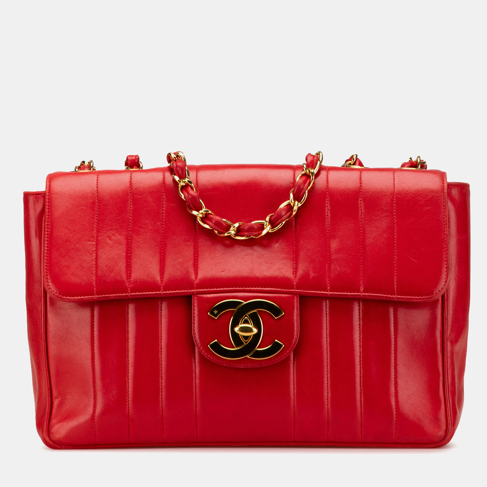 

Chanel Red Jumbo  Vertical Quilt Lambskin Single Flap