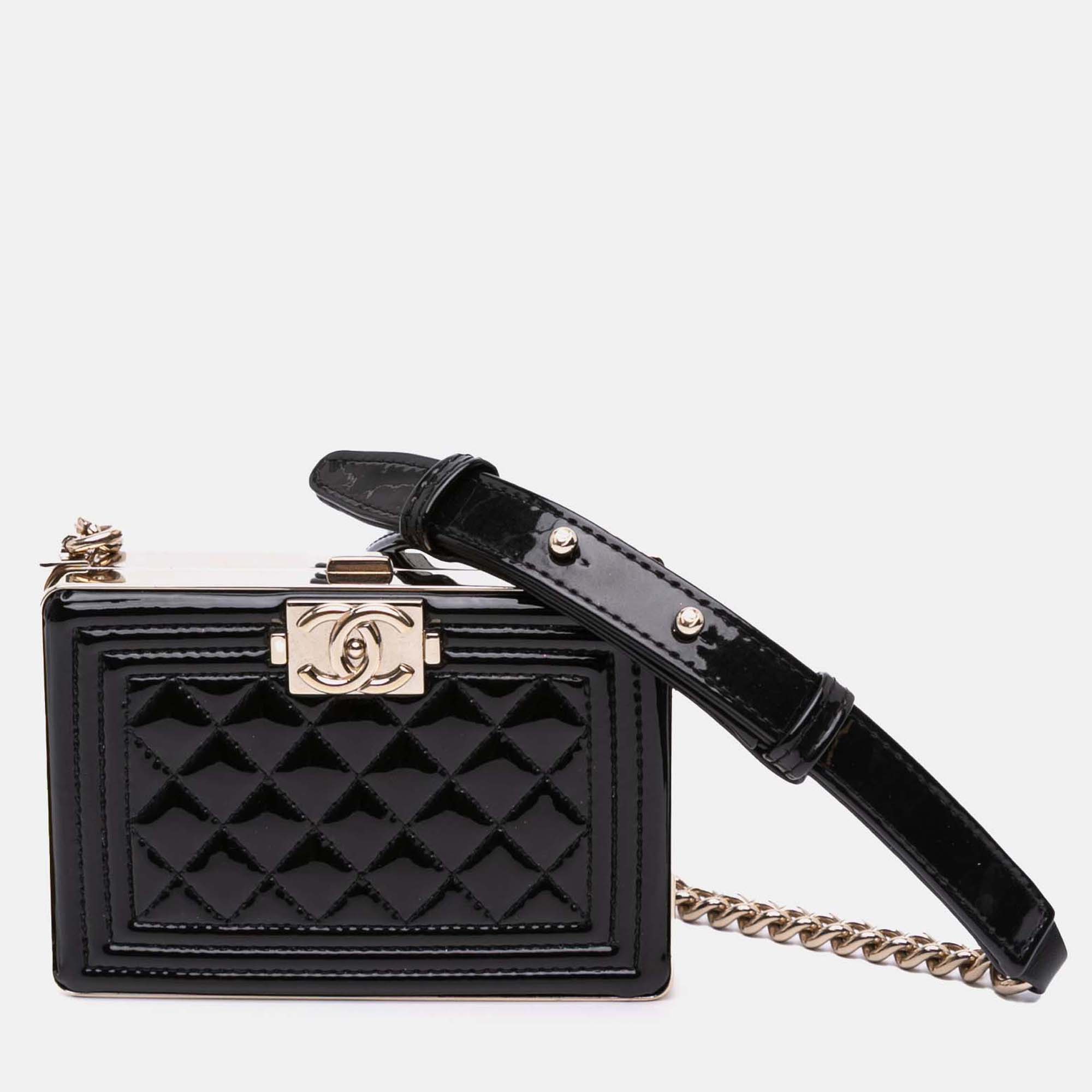 

Chanel Black Quilted Patent Boy Box Minaudiere on Chain
