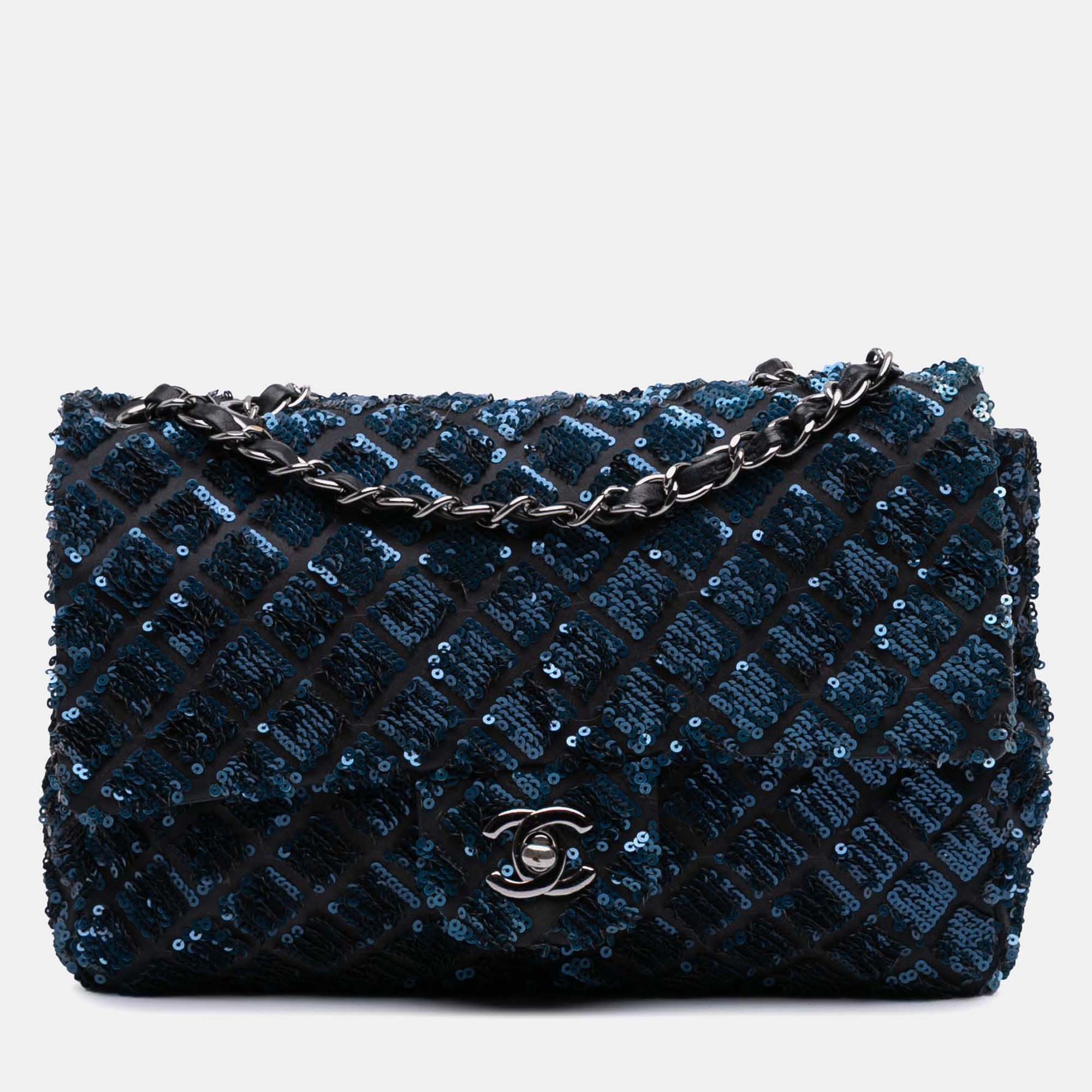 

Chanel Blue Medium Sequined Satin Single Flap