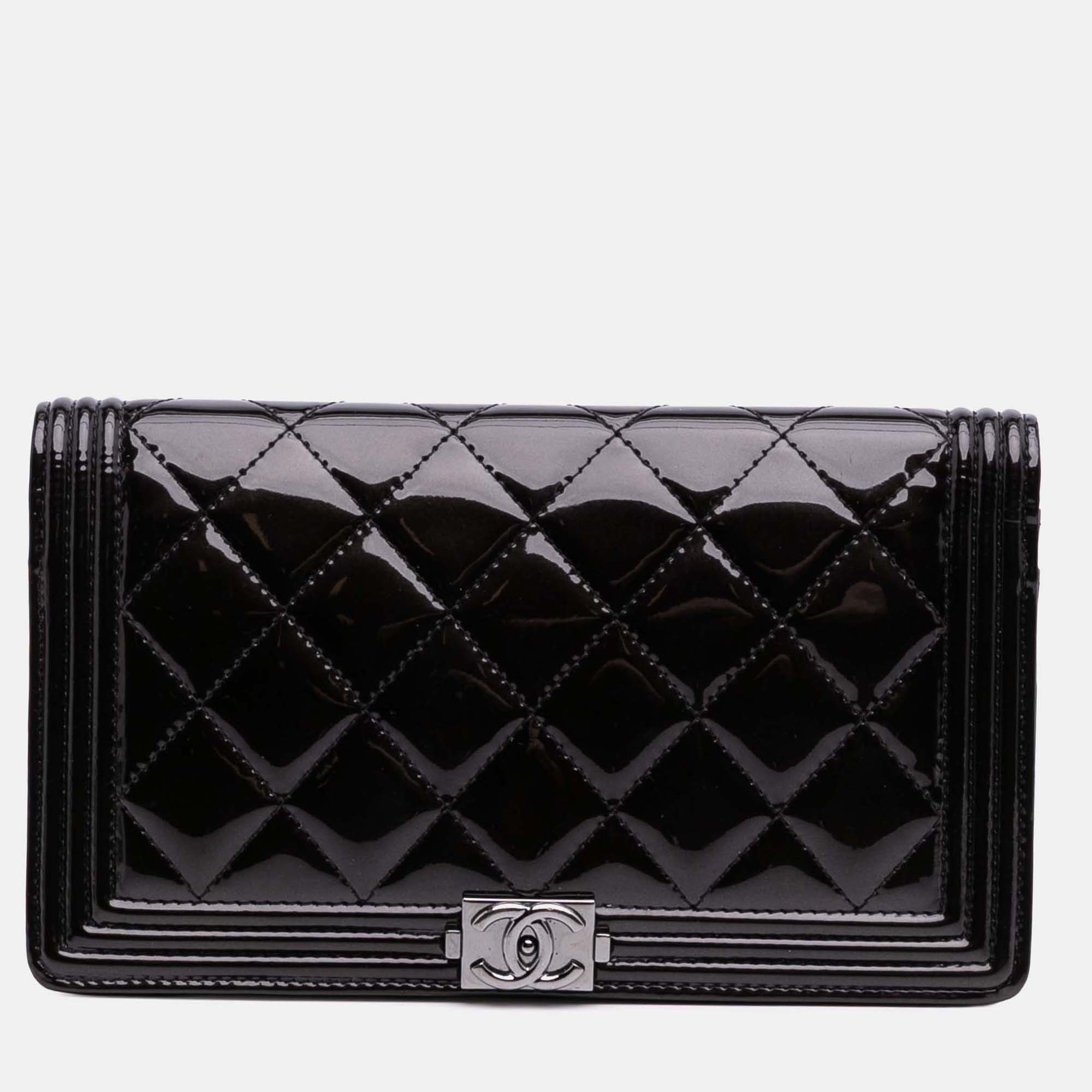 

Chanel Black Quilted Patent Boy Long Wallet