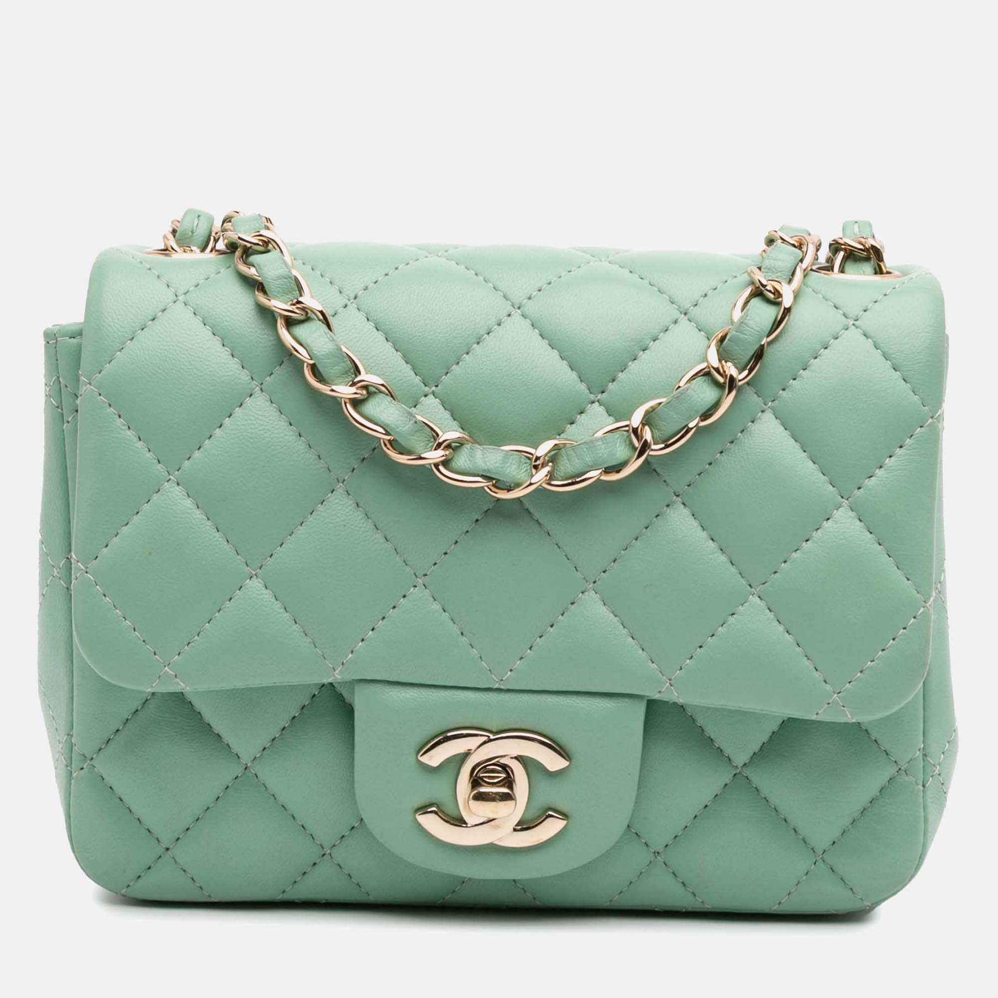 

Chanel Green Mini Square Classic Lambskin Single Flap