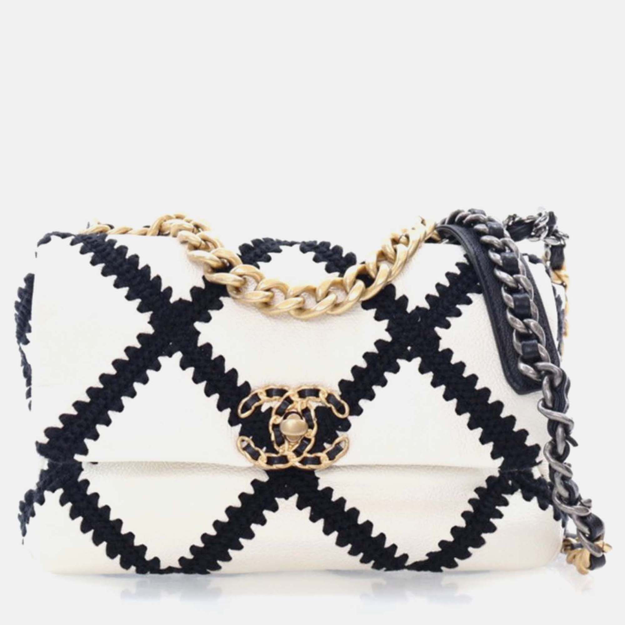 

Chanel 19 Medium White Black Multicolor Calfskin Crochet Shoulder Bag