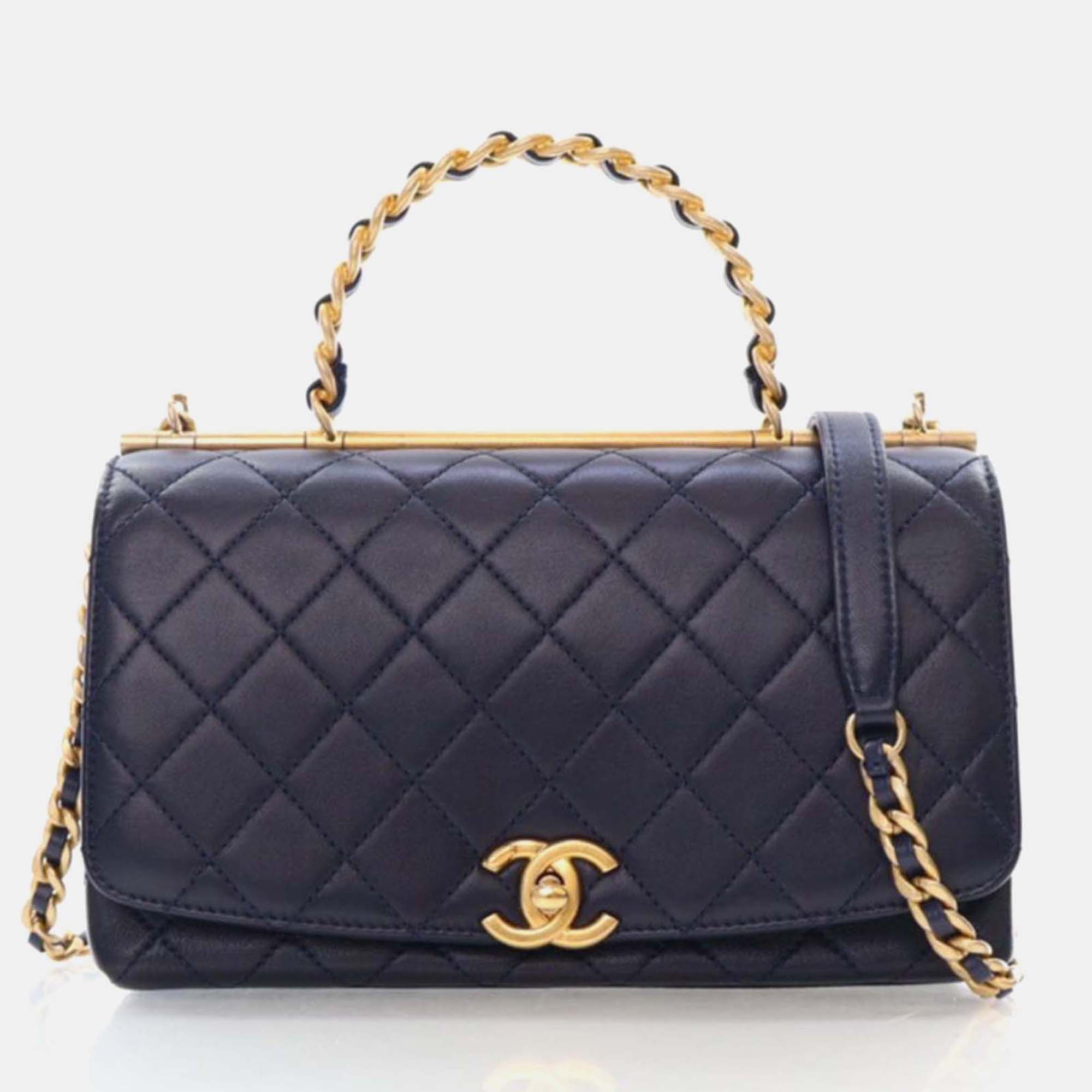 

Chanel La Parisienne Navy Lambskin Flap Top Handle Bag, Navy blue