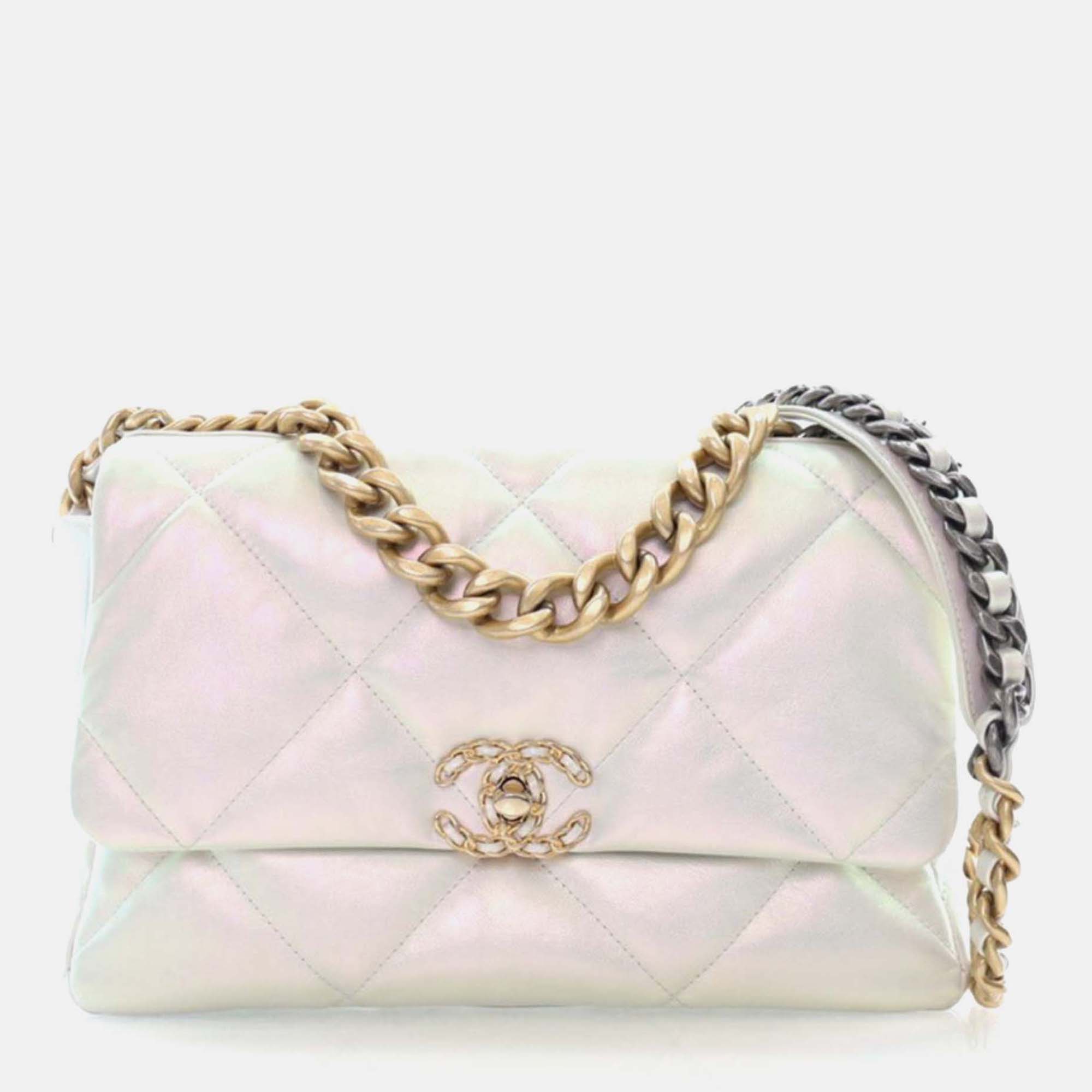 

Chanel 19 Large Iridescent Calfskin Flap Bag, White