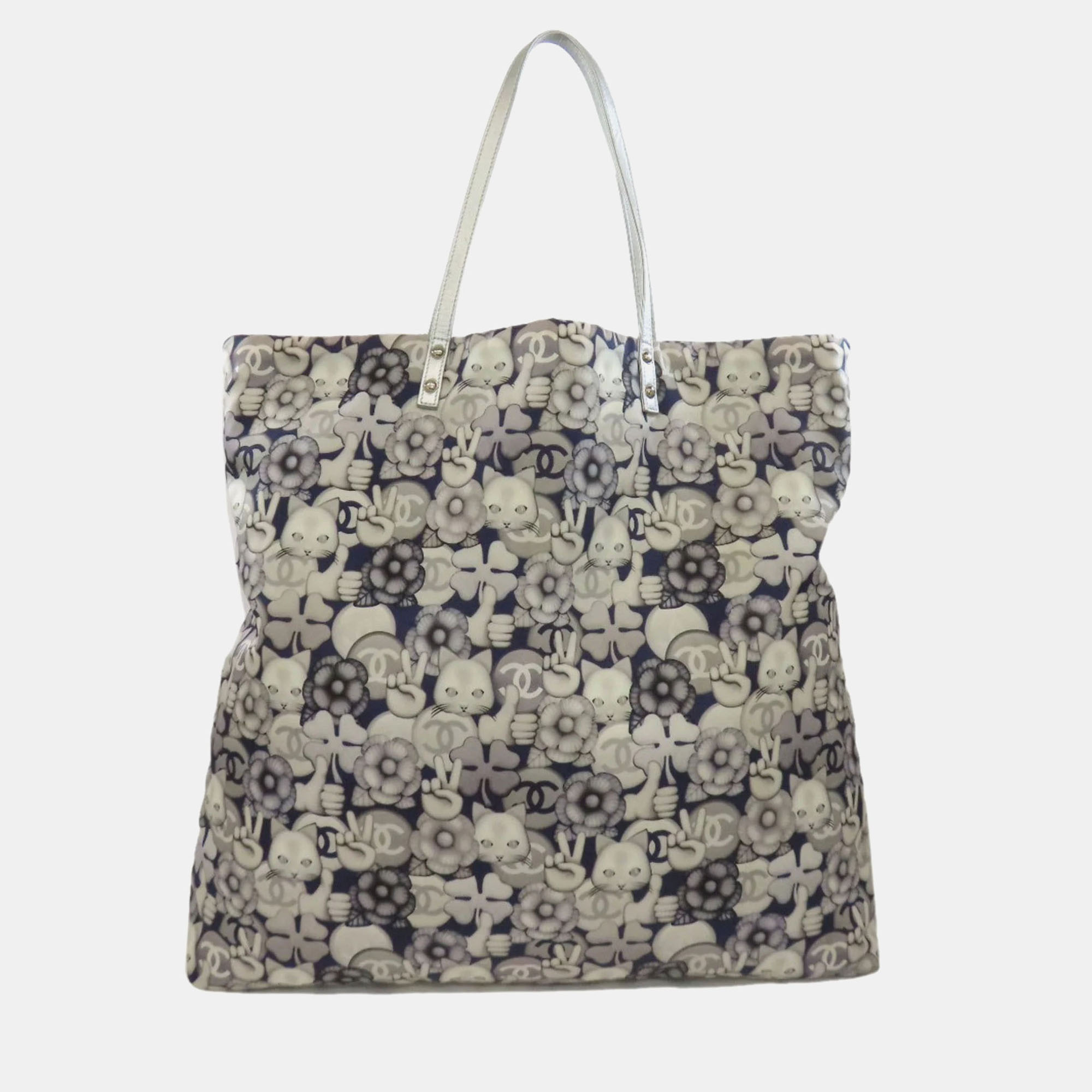 Pre-owned Chanel Cat Motif Tote Bag Nylon In Gray
