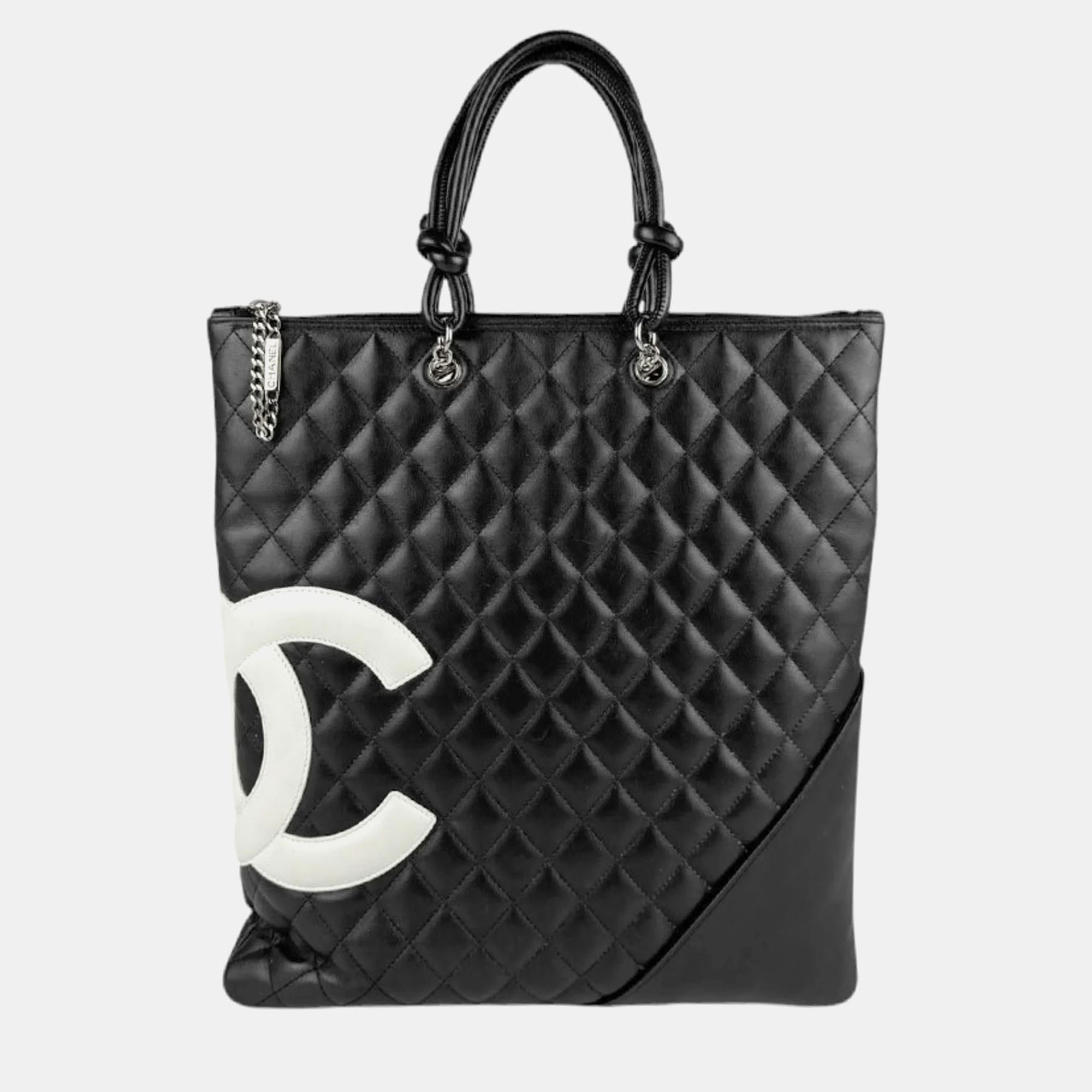 Pre-owned Chanel Ligne Cambon Flat Black & White Leather Tote Bag