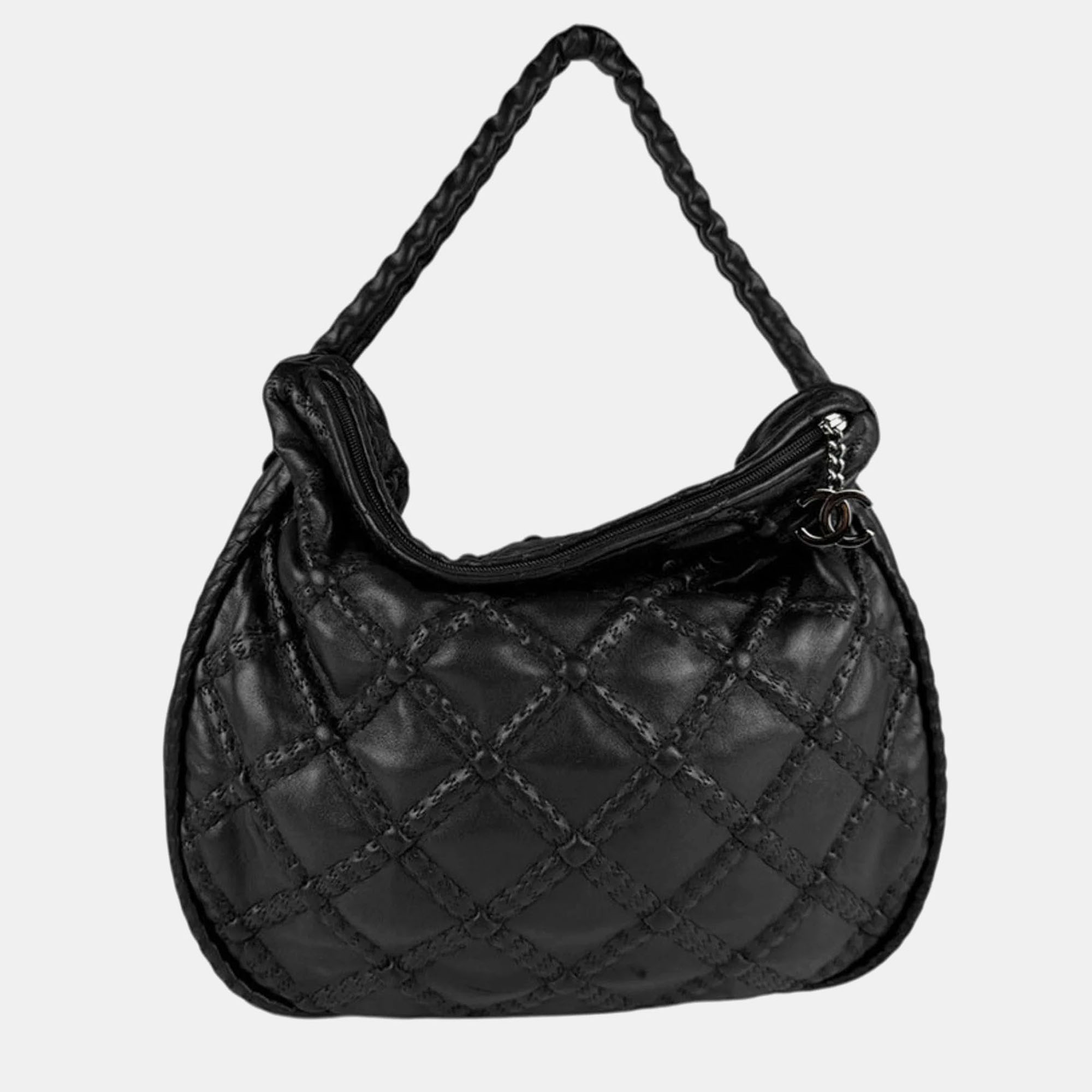 

Chanel Hidden Chain Black Lambskin Quilted Hobo Bag