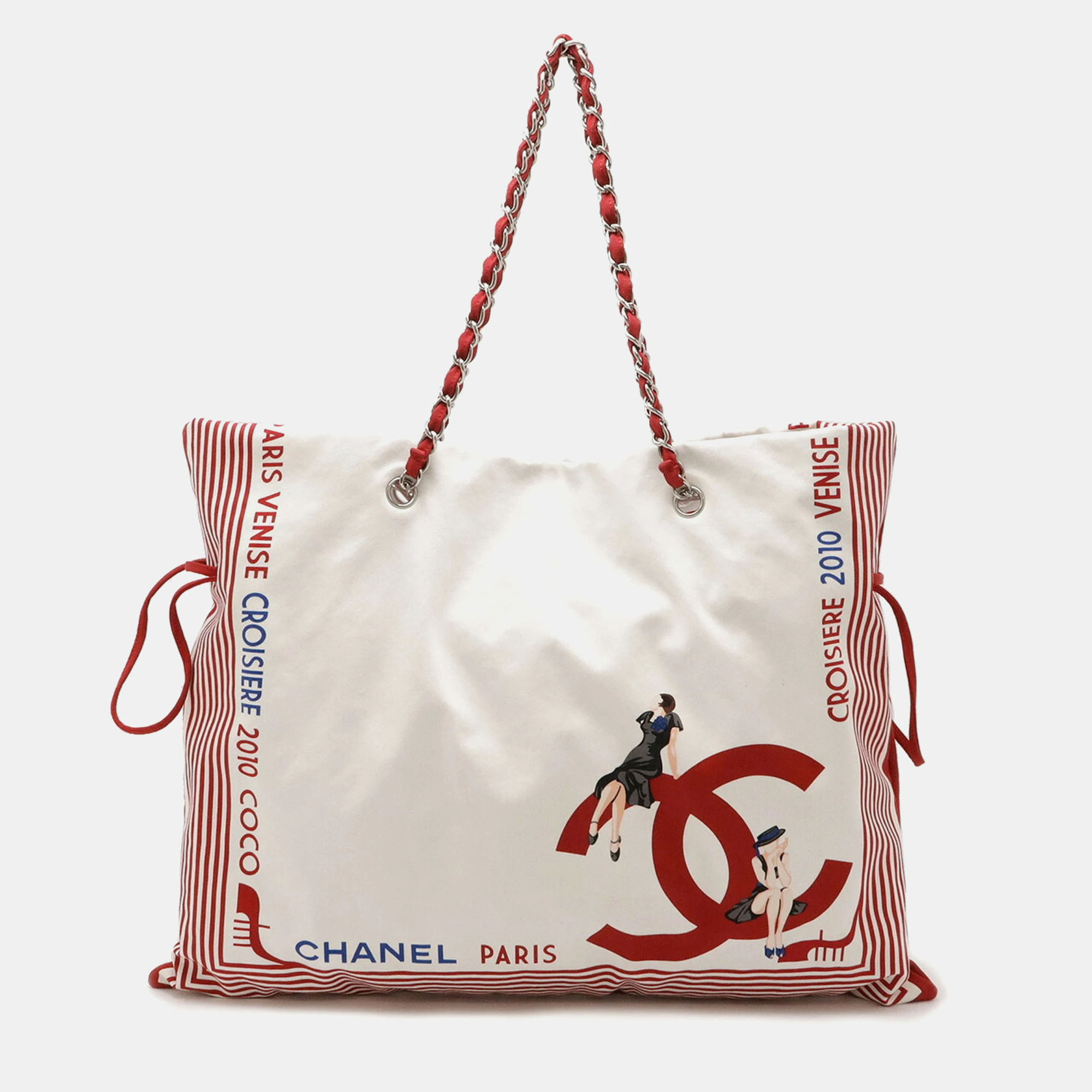 Pre-owned Chanel Paris-venice Bon Bon White Leather Trim Tote Bag In Red