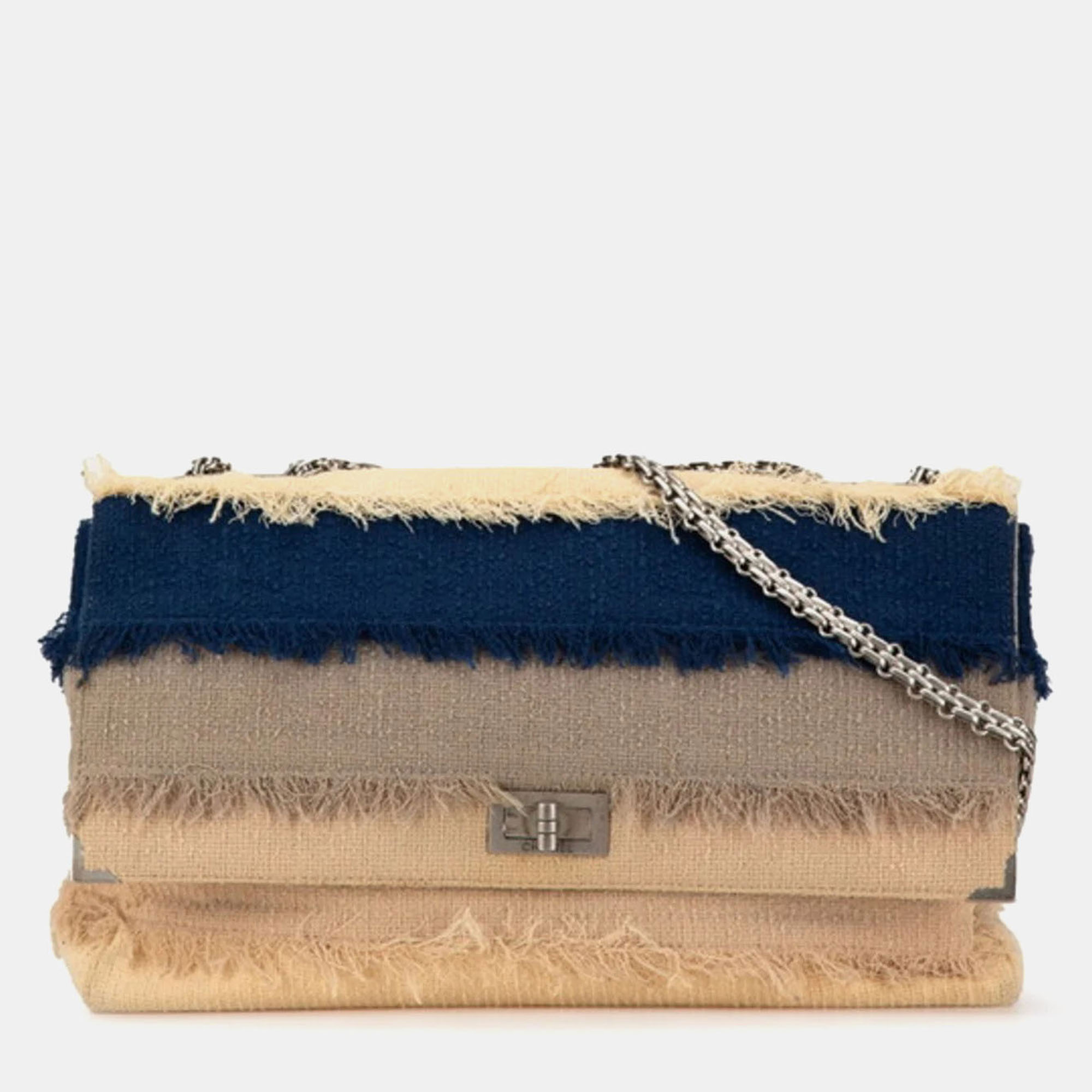 Pre-owned Chanel 2.55 Beige Navy Linen Chain Shoulder Bag In Sand