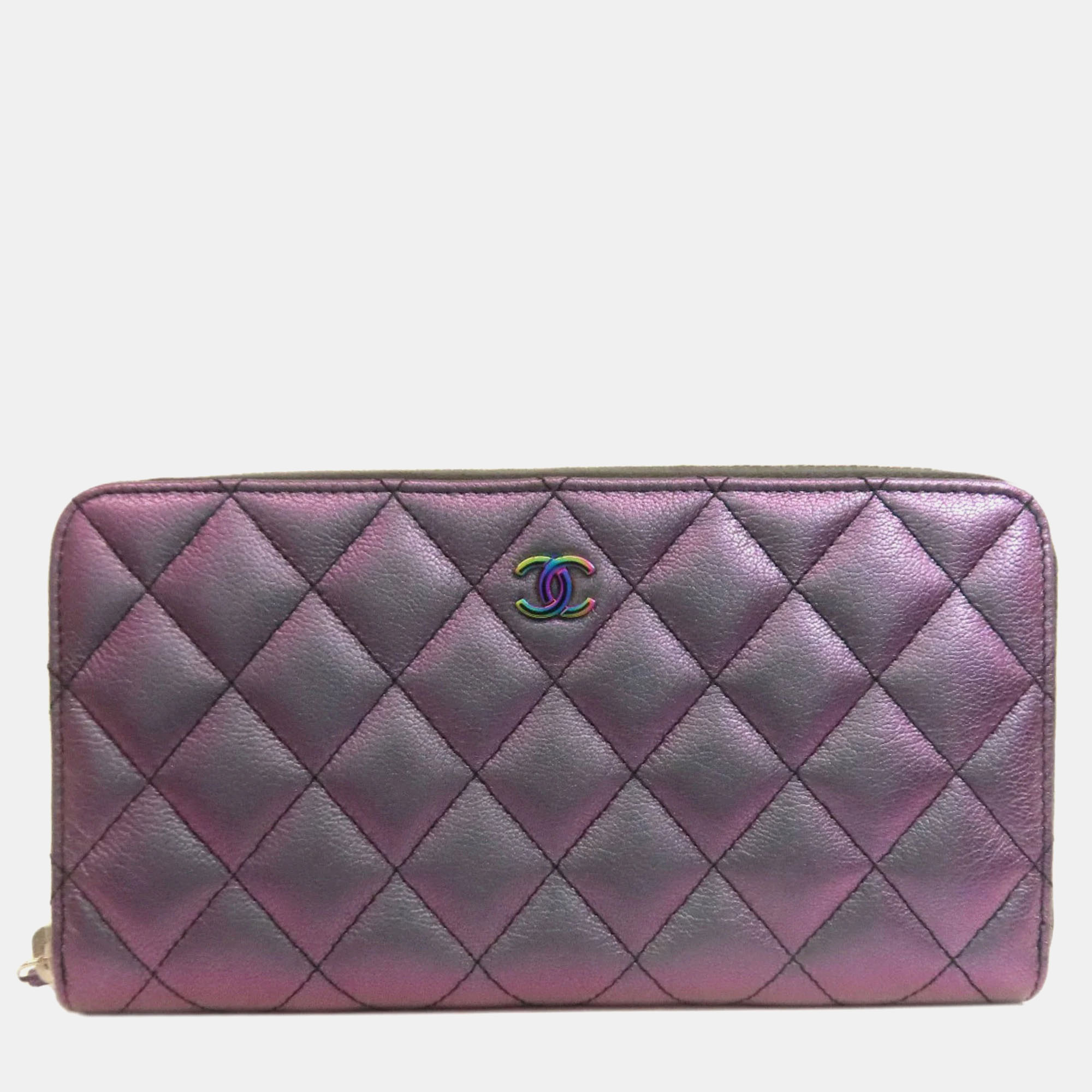 Pre-owned Chanel Matelasse Coco Calfskin Mark Long Wallet In Purple
