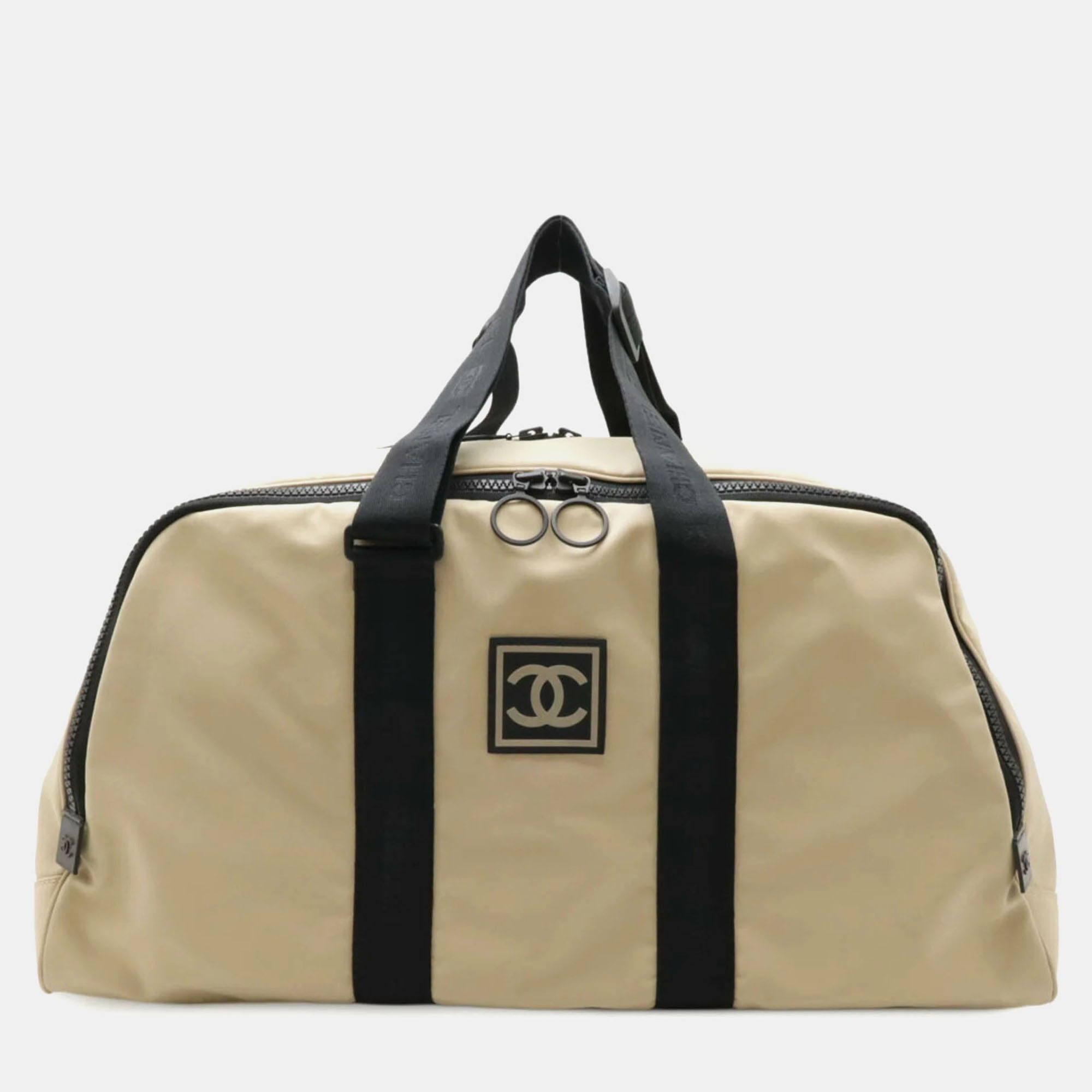 Pre-owned Chanel Sport Line Coco Mark Beige Black Nylon Canvas Boston Bag In Sand