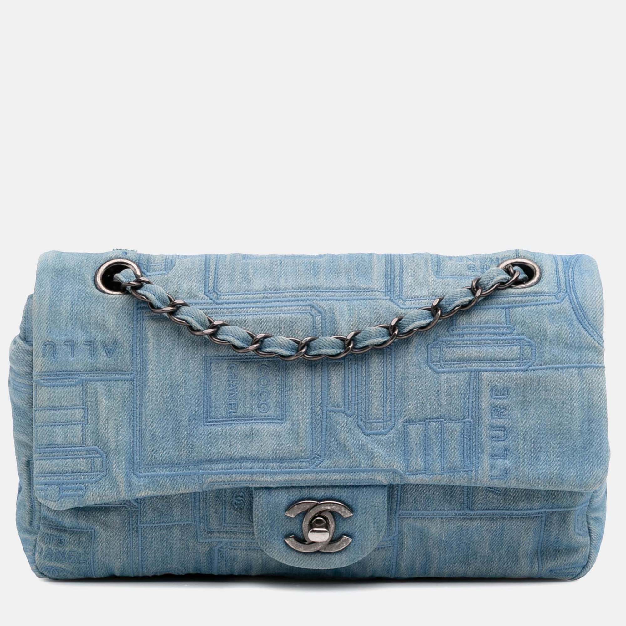 Pre-owned Chanel Blue Medium Embroidered Denim Perfume Bottle Single Flap
