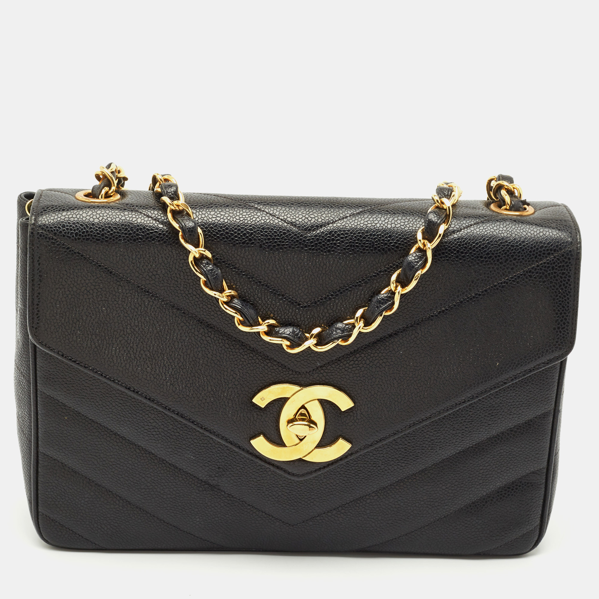 

Chanel Black Chevron Leather  Vintage Classic Flap Bag