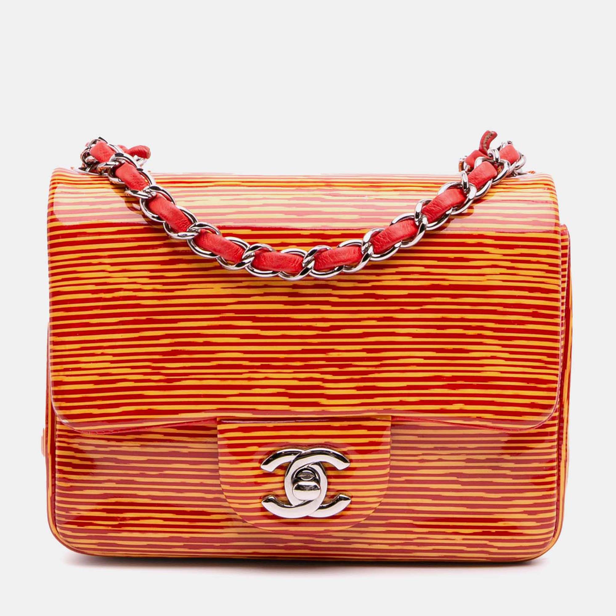 

Chanel Orange Mini Square Classic Patent Striped Single Flap