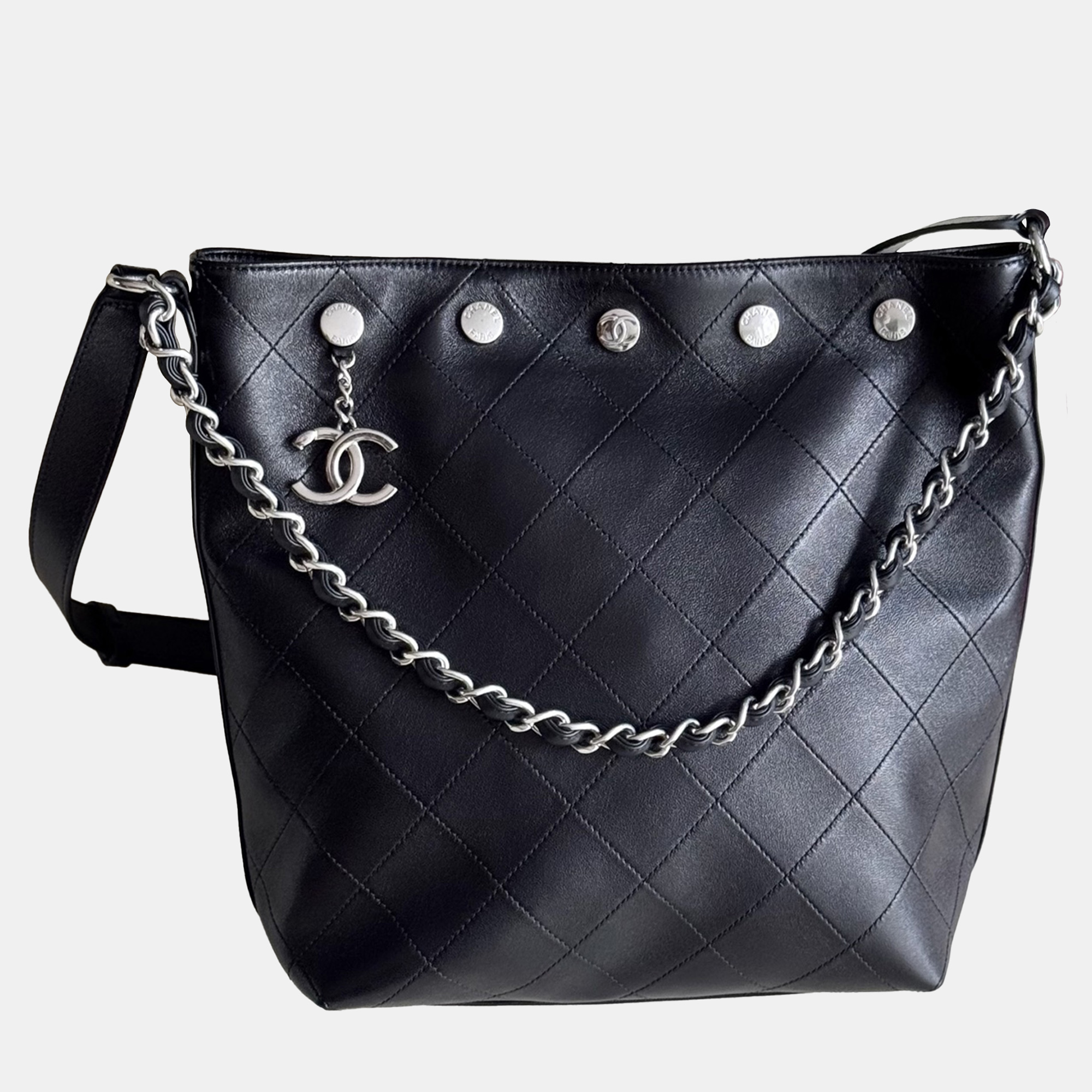 

Chanel Hobo Studded Small Black Silver Lambskin Bucket Bag